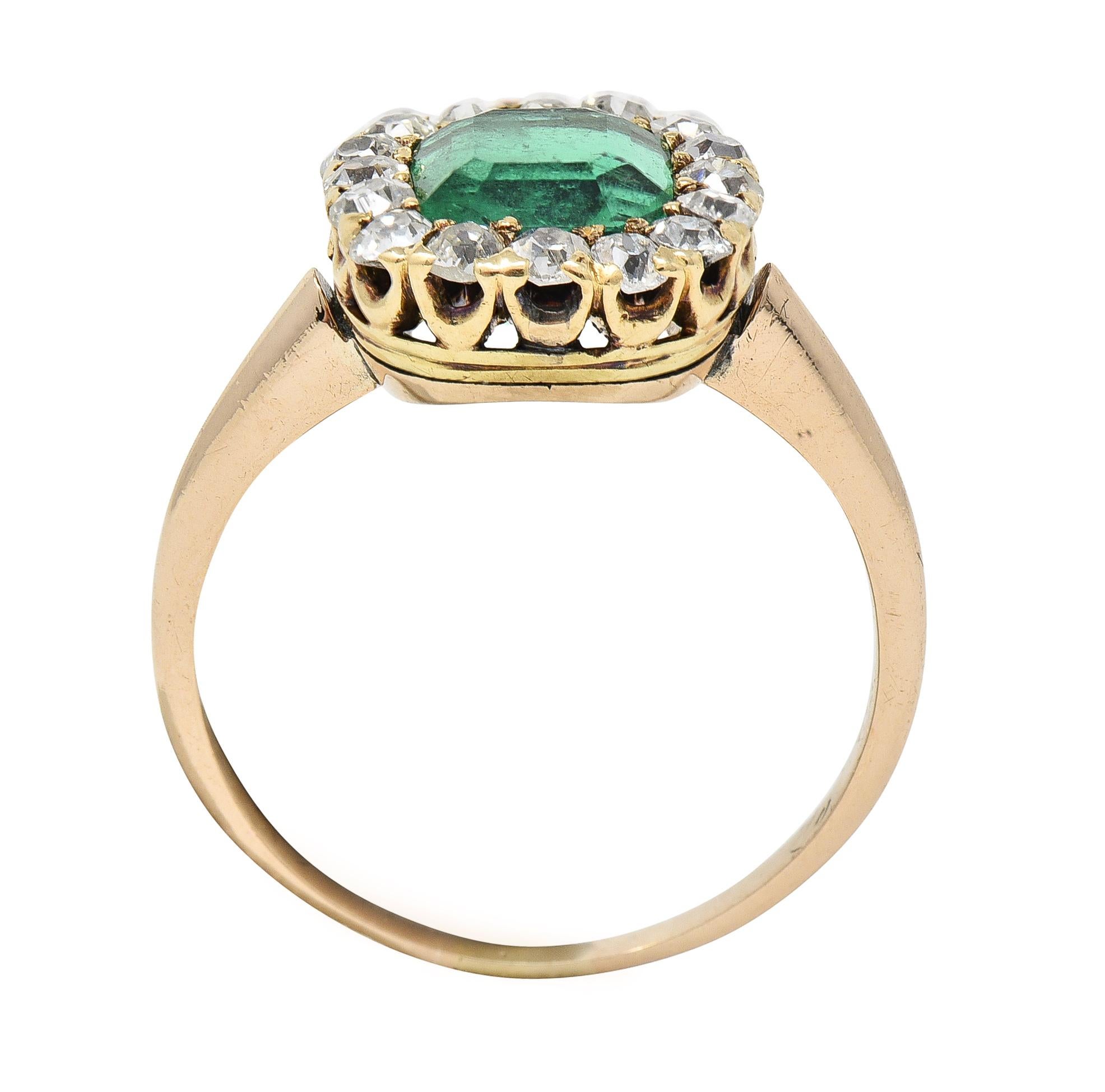Victorian 2.51 CTW Colombian Emerald Diamond 14 Karat Yellow Gold Halo Ring GIA For Sale 4
