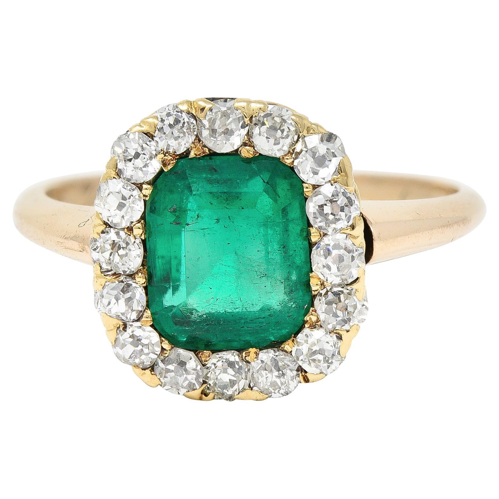 Victorian 2.51 CTW Colombian Emerald Diamond 14 Karat Yellow Gold Halo Ring GIA For Sale