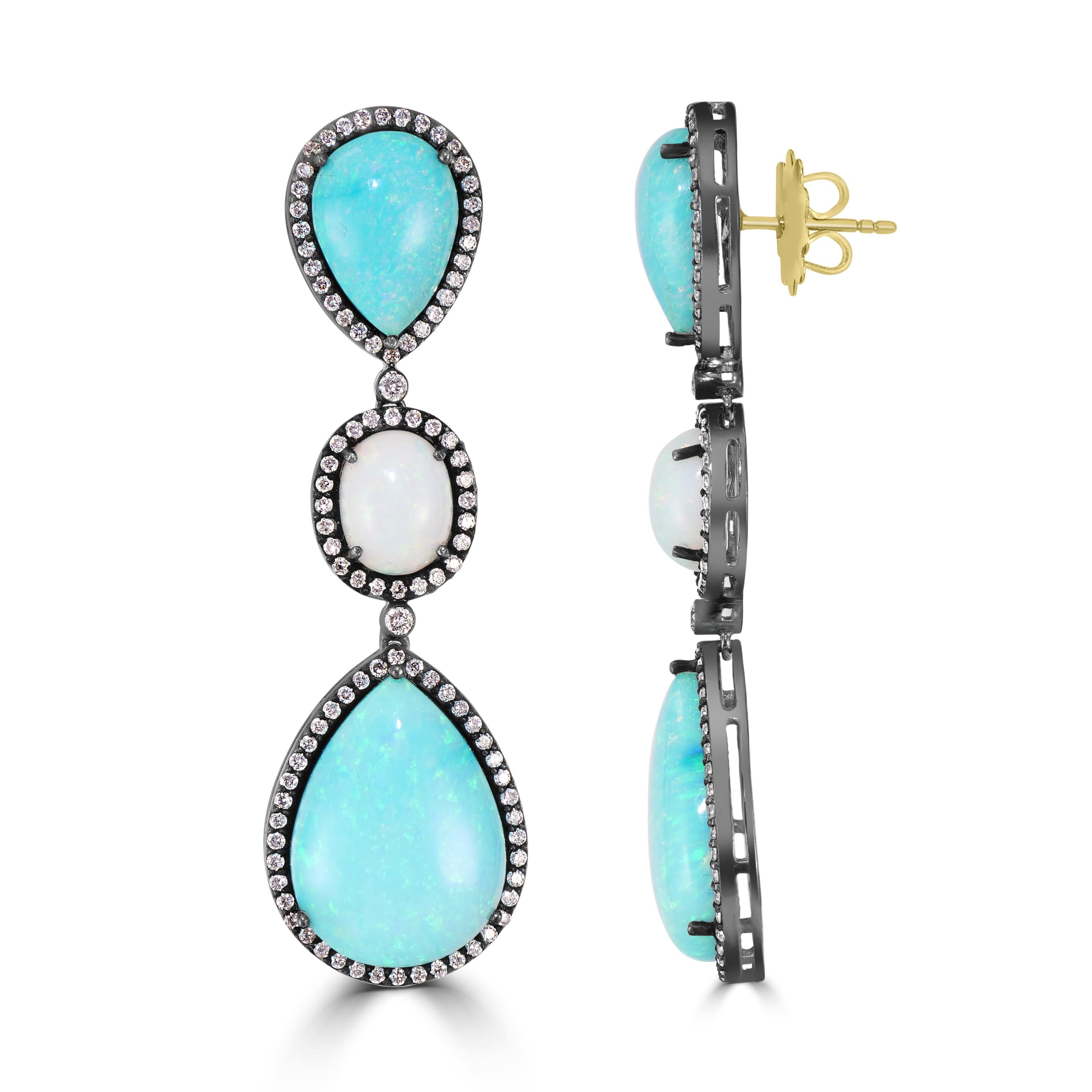 Pear Cut Victorian 25.42 Cttw. Opal and Diamond Dangle Earrings in 18k/925