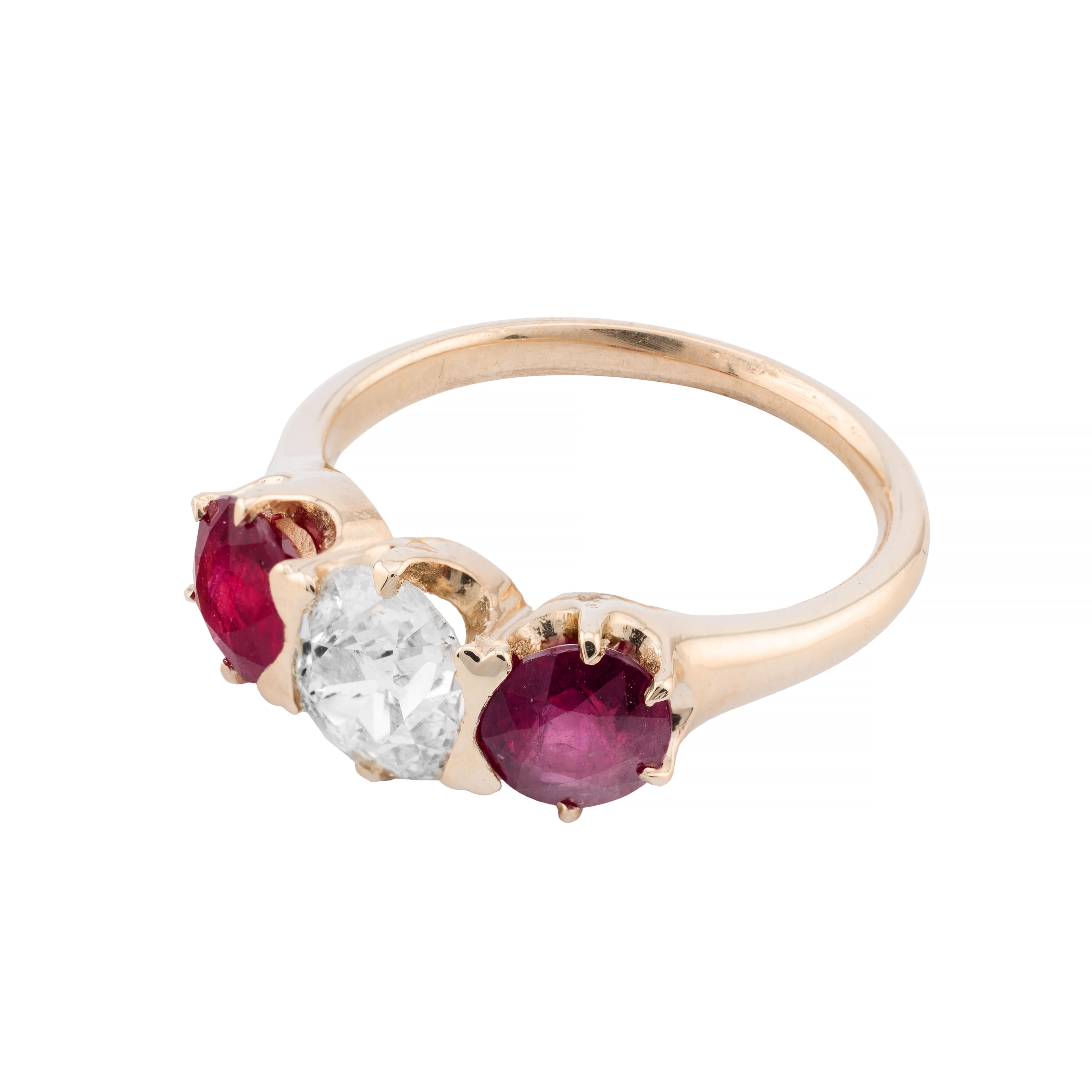 Old Mine Cut Victorian 2.54ctw Diamond & Ruby Three Stone Engagement Ring in 14K Gold For Sale