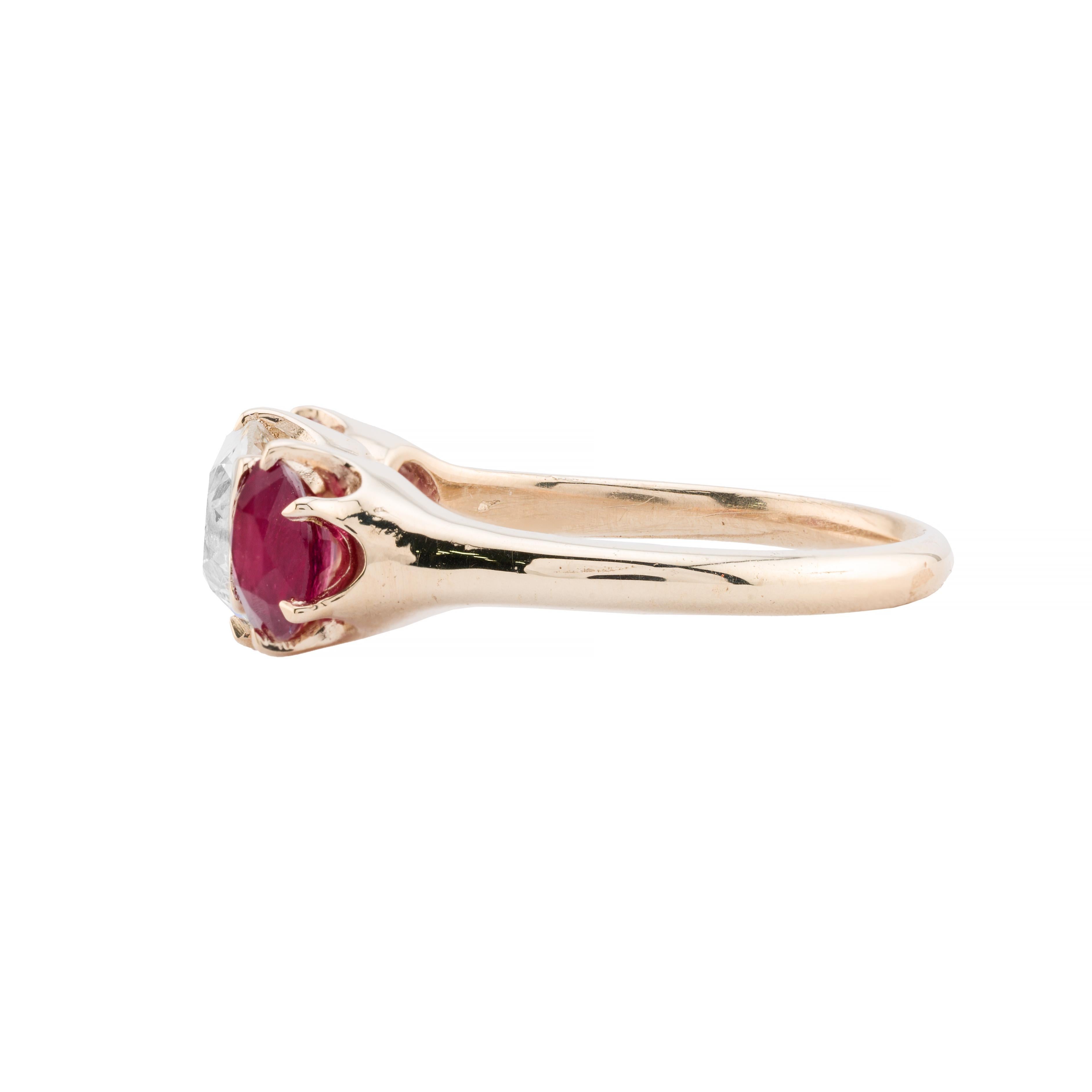 Victorian 2.54ctw Diamond & Ruby Three Stone Engagement Ring in 14K Gold In Excellent Condition For Sale In Boston, MA