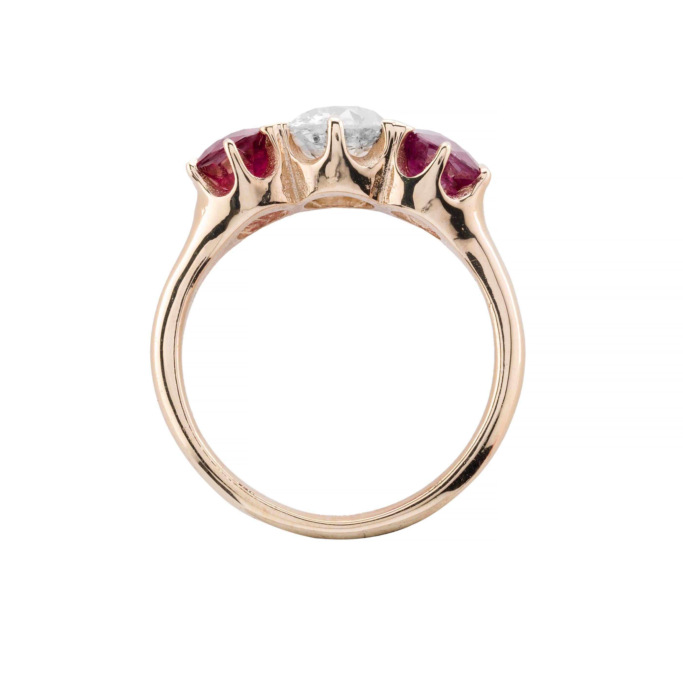 Women's Victorian 2.54ctw Diamond & Ruby Three Stone Engagement Ring in 14K Gold For Sale