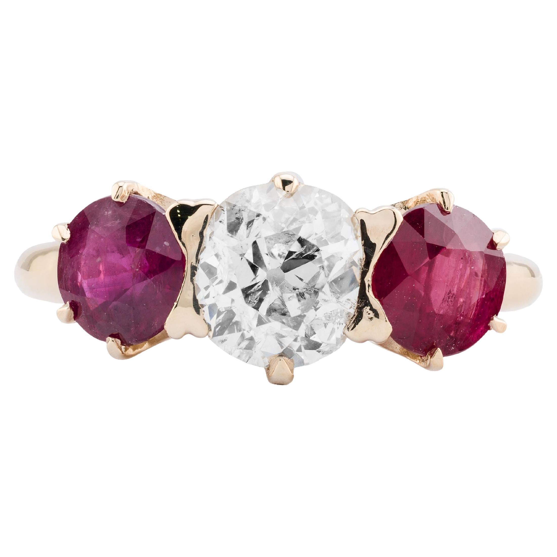 Victorian 2.54ctw Diamond & Ruby Three Stone Engagement Ring in 14K Gold For Sale