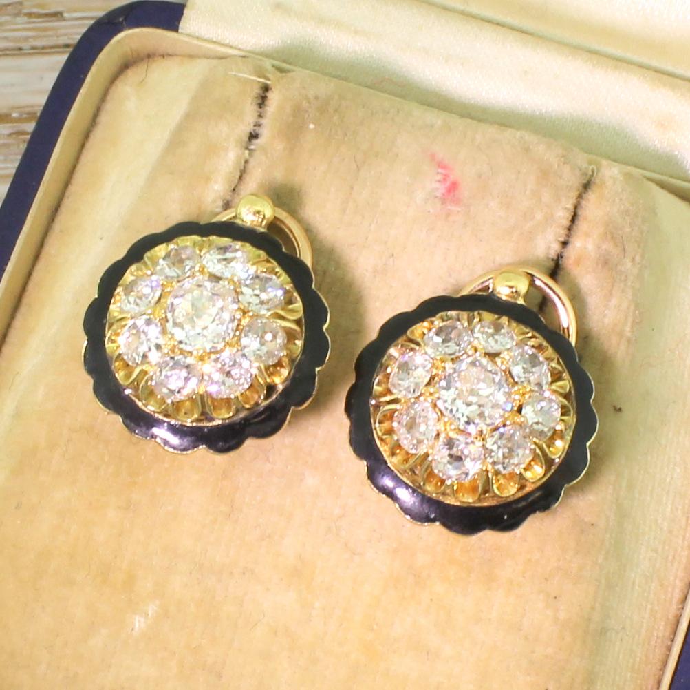 Women's Victorian 2.55 Carat Old Cut Diamond and Black Enamel Cluster Earrings