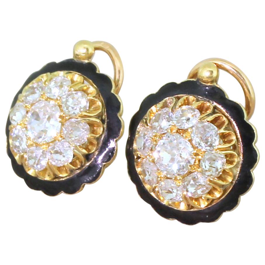 Victorian 2.55 Carat Old Cut Diamond and Black Enamel Cluster Earrings