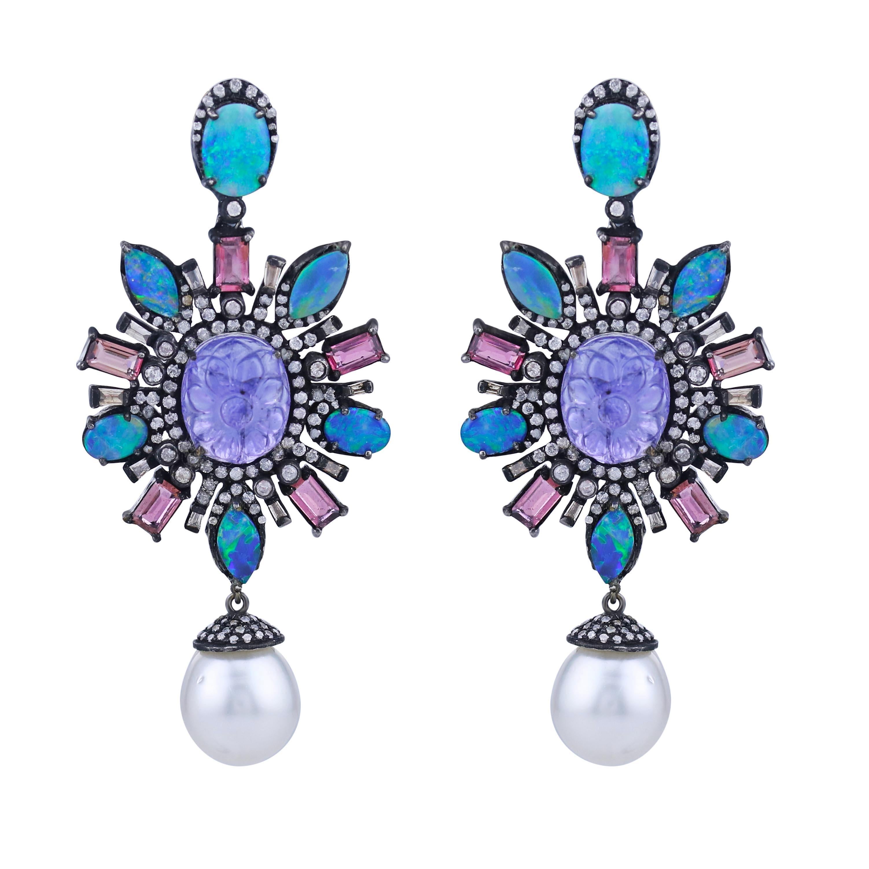 Victorian 25.5cttw. Tanzanite, Tourmaline, Opal and Diamond Dangle Earrings In New Condition In New York, NY