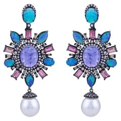 Victorian 25.5cttw. Tanzanite, Tourmaline, Opal and Diamond Dangle Earrings