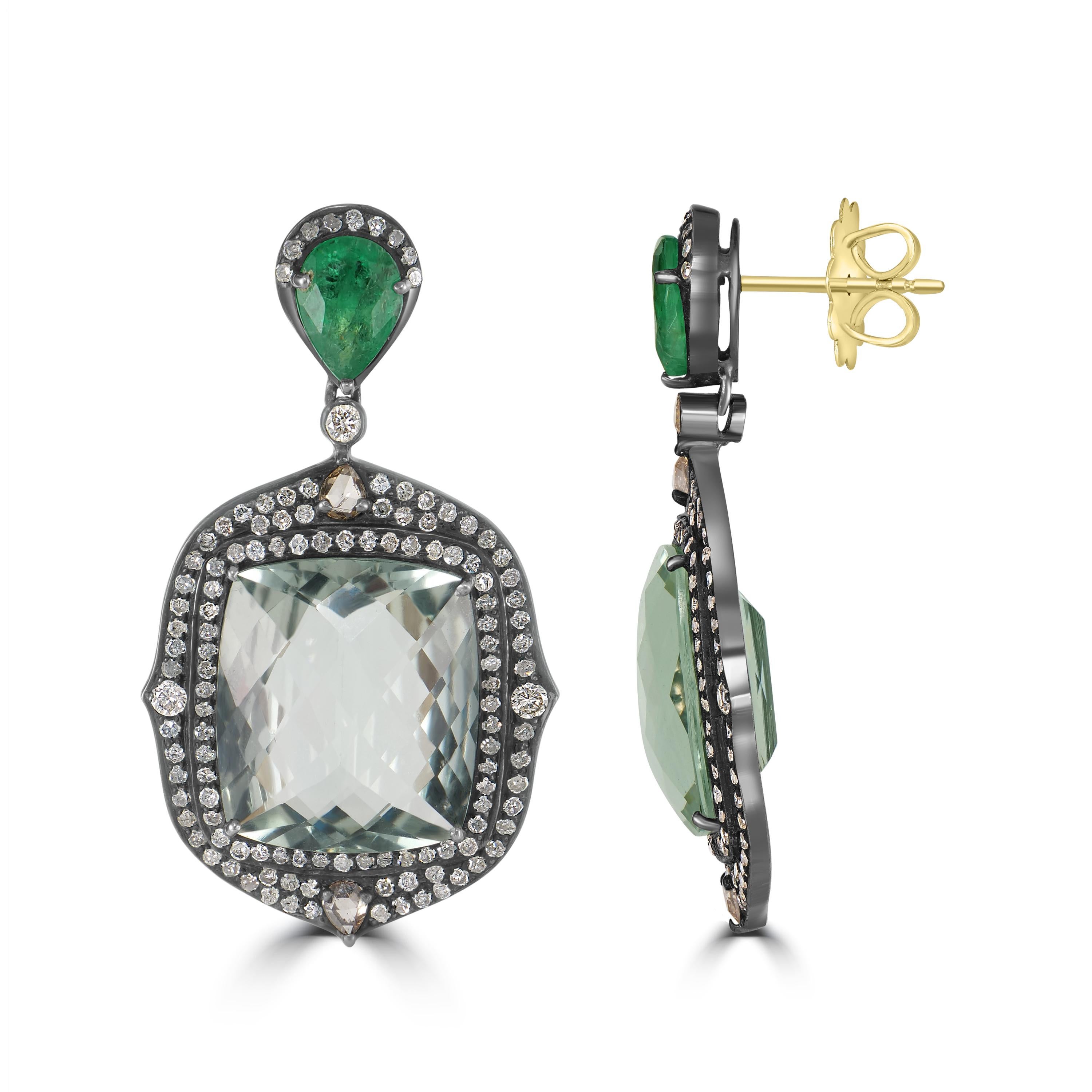 Pear Cut Victorian 25.6 Cttw. Green Amethyst, Diamond and Emerald Dangle Earrings  For Sale