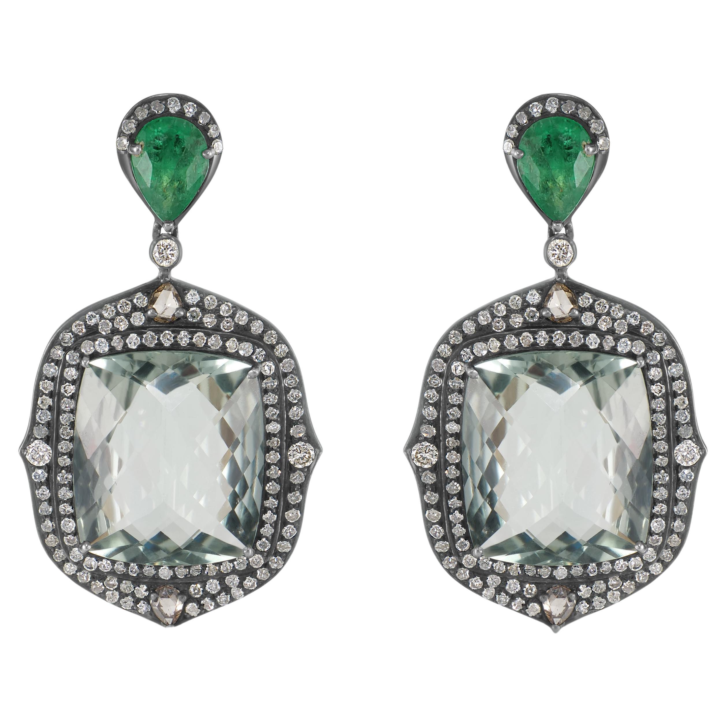 Victorian 26.80 Cttw. Natural Green Amethyst, Diamond/Emerald Earrings In 18K/SS