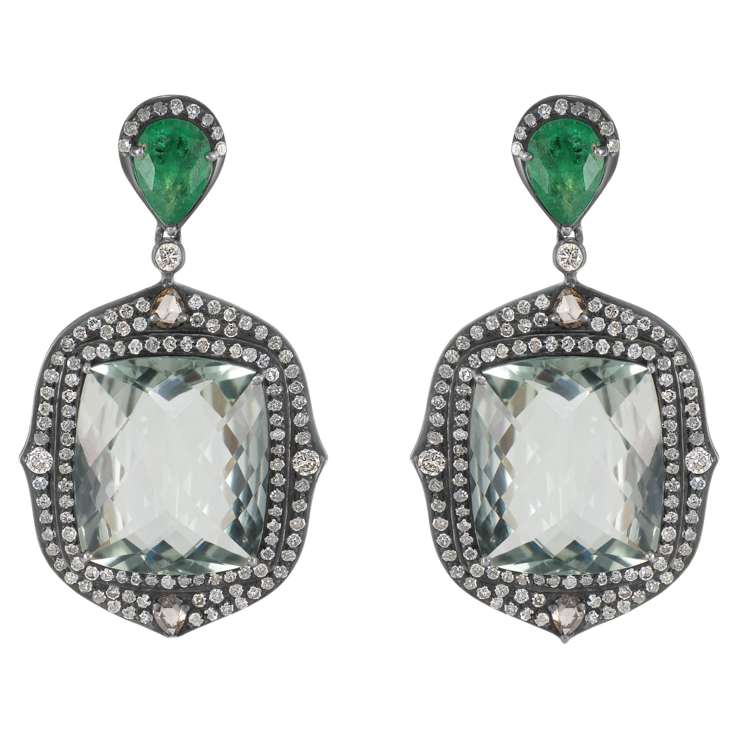 Victorian 25.6 Cttw. Green Amethyst, Diamond and Emerald Dangle Earrings 