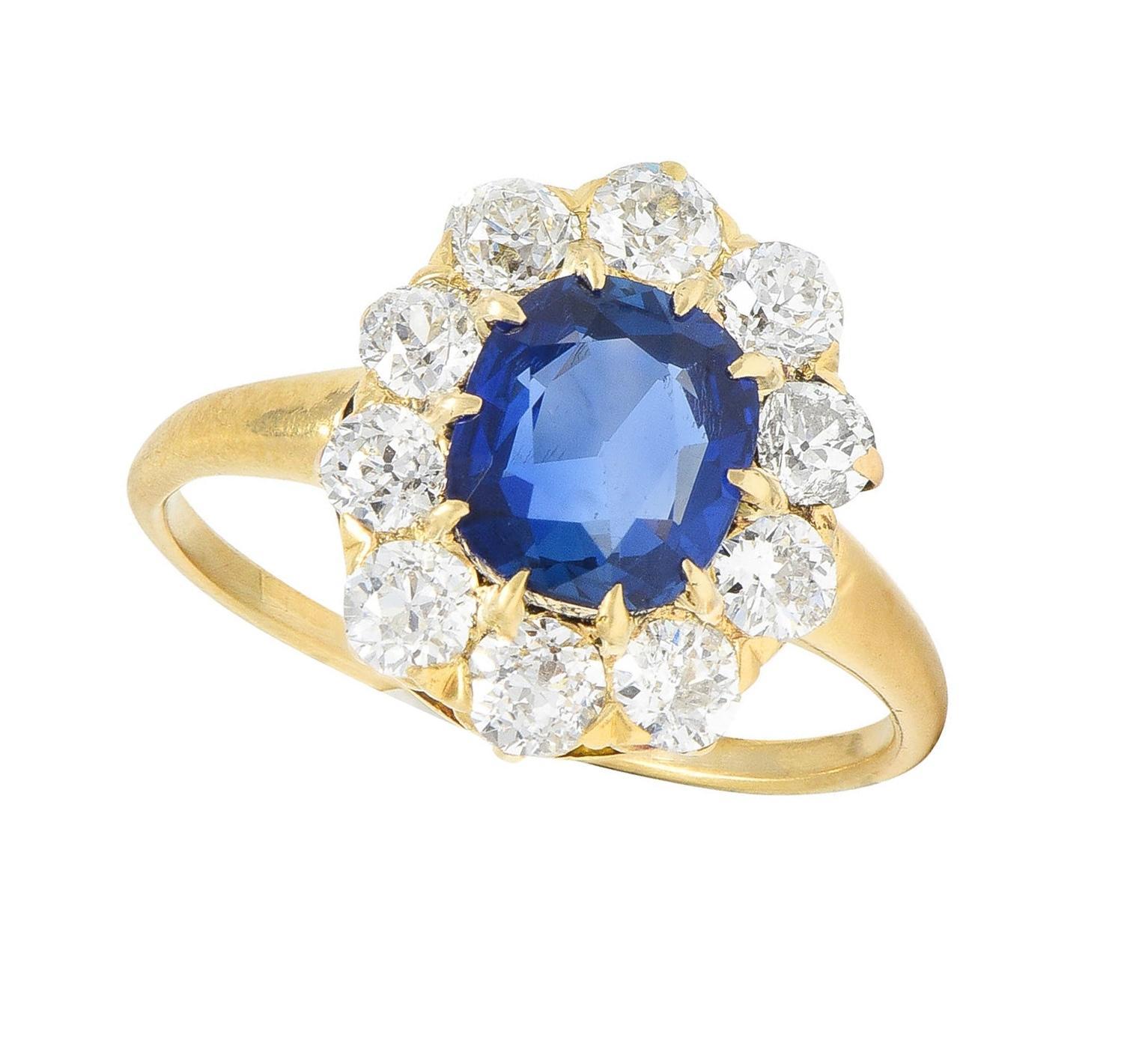 Victorian 2.58 CTW No Heat Kashmir Sapphire Diamond 14 Karat Gold Halo Ring AGL For Sale 5