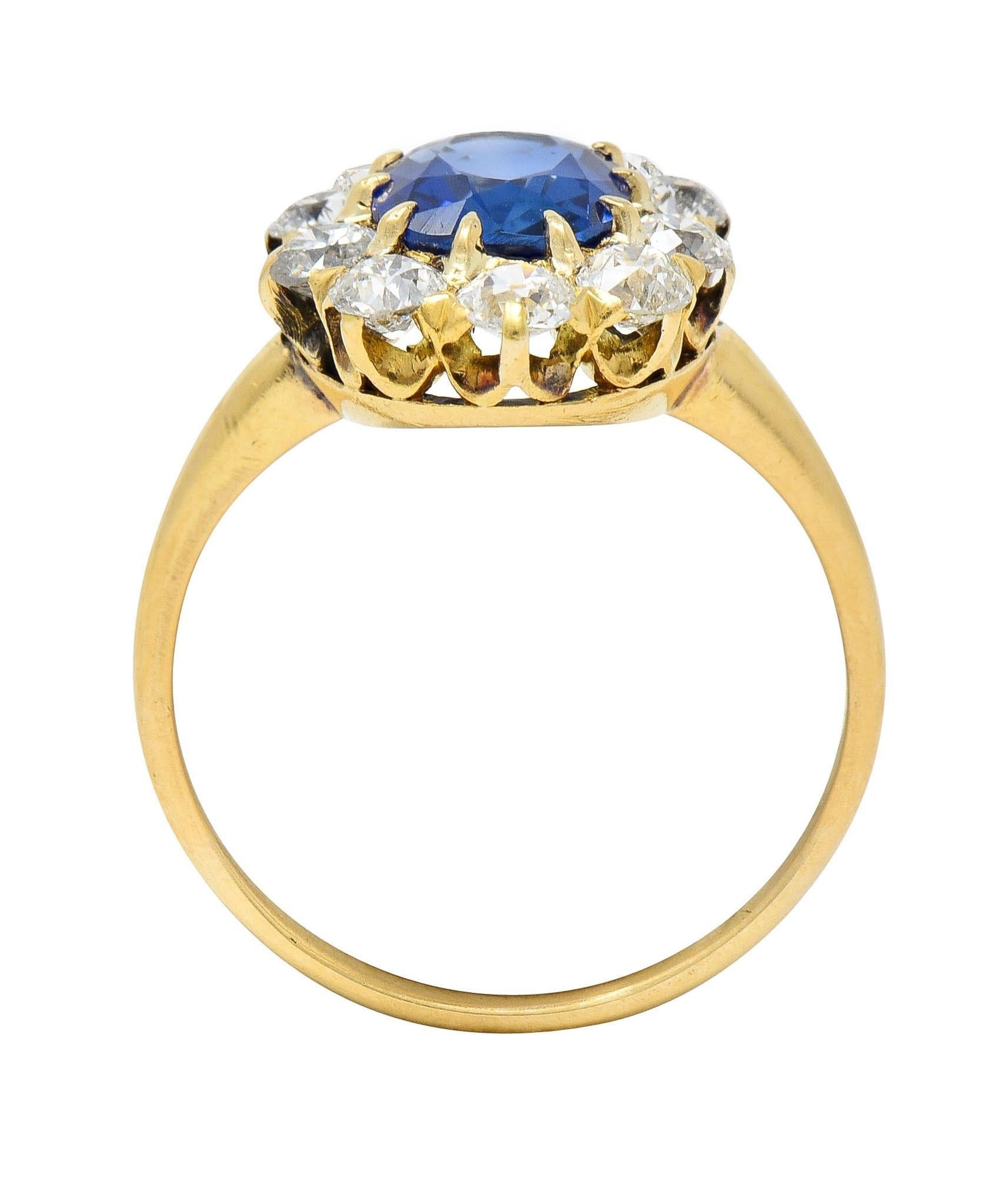 Cushion Cut Victorian 2.58 CTW No Heat Kashmir Sapphire Diamond 14 Karat Gold Halo Ring AGL For Sale