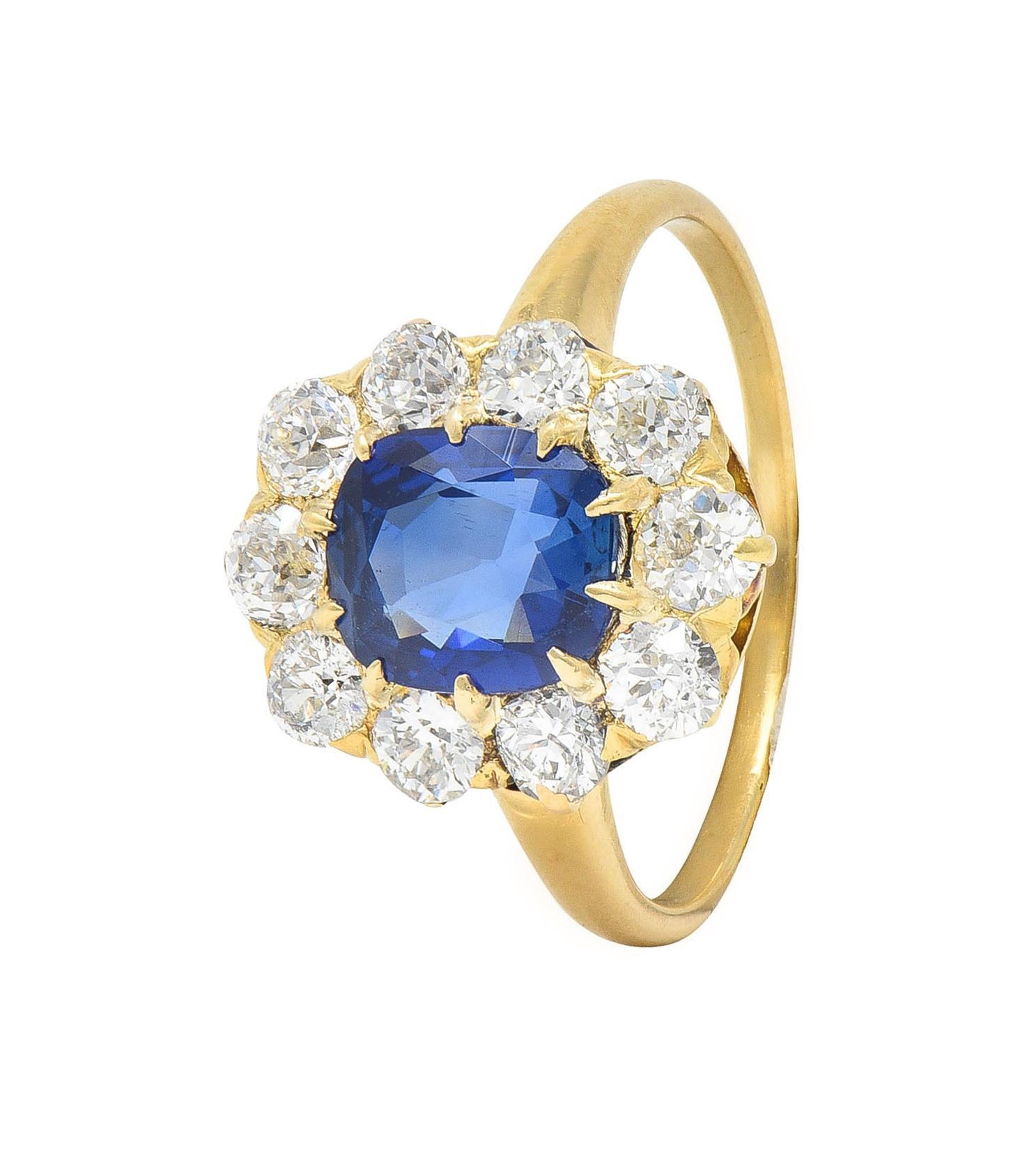 Victorian 2.58 CTW No Heat Kashmir Sapphire Diamond 14 Karat Gold Halo Ring AGL For Sale 2