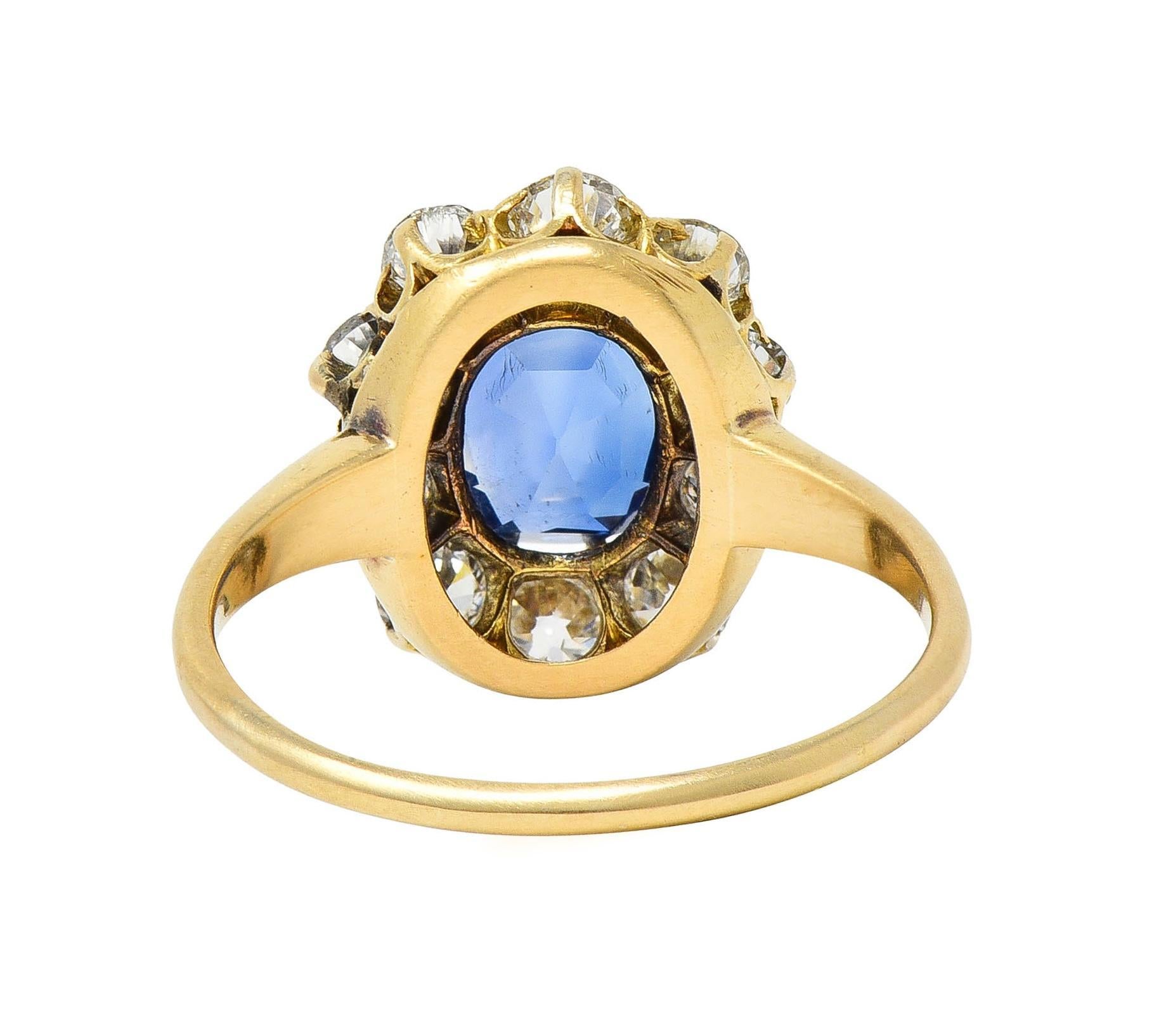 Victorian 2.58 CTW No Heat Kashmir Sapphire Diamond 14 Karat Gold Halo Ring AGL In Excellent Condition For Sale In Philadelphia, PA