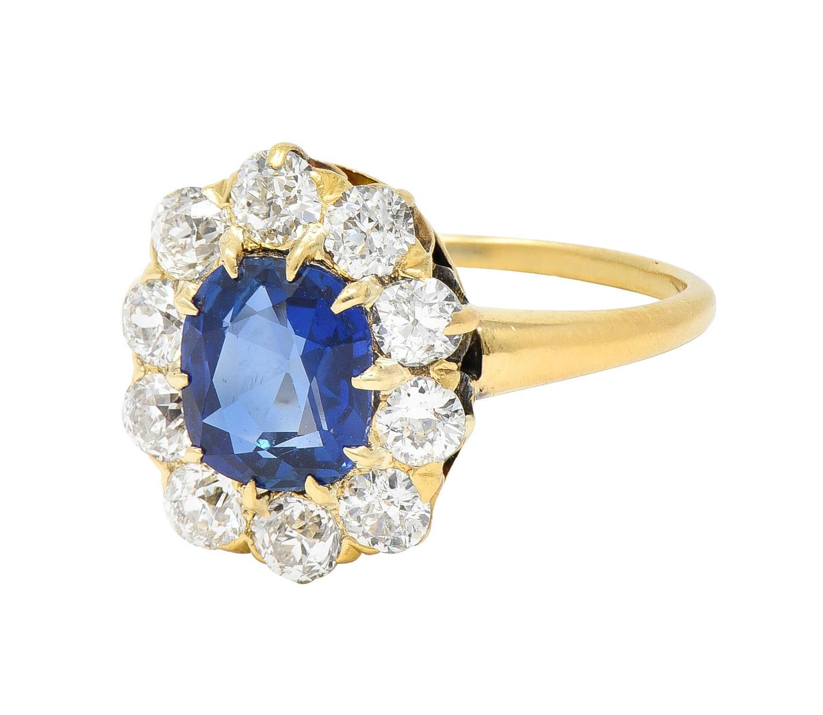 Victorian 2.58 CTW No Heat Kashmir Sapphire Diamond 14 Karat Gold Halo Ring AGL For Sale 1