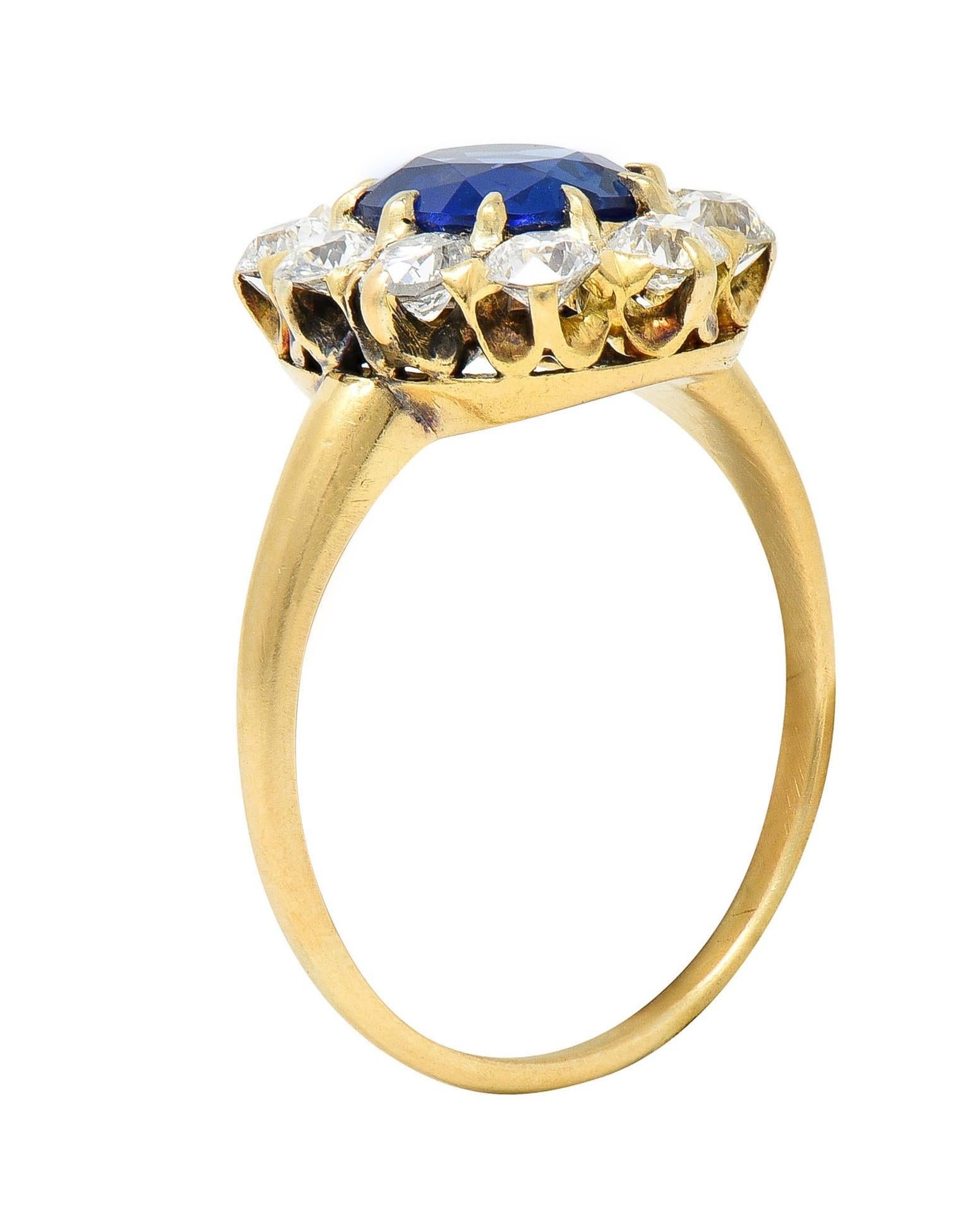 Victorian 2.58 CTW No Heat Kashmir Sapphire Diamond 14 Karat Gold Halo Ring AGL For Sale 4