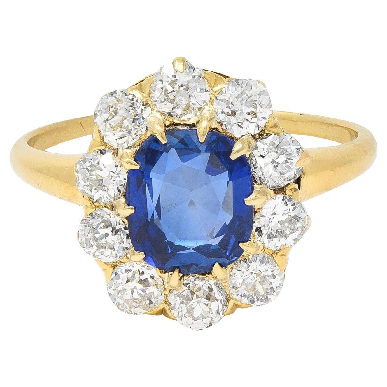 Victorian 2.58 CTW No Heat Kashmir Sapphire Diamond 14 Karat Gold Halo Ring AGL For Sale
