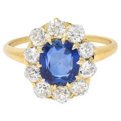 Antique Victorian 2.58 CTW No Heat Kashmir Sapphire Diamond 14 Karat Gold Halo Ring AGL