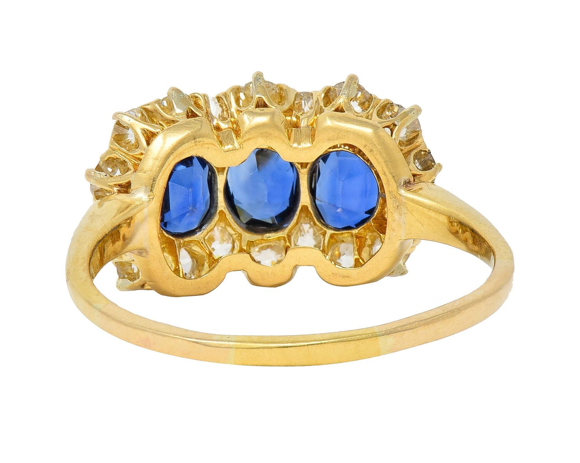 Victorian 2.58 CTW Sapphire Diamond 18K Yellow Gold Antique Cluster Band Ring In Excellent Condition For Sale In Philadelphia, PA