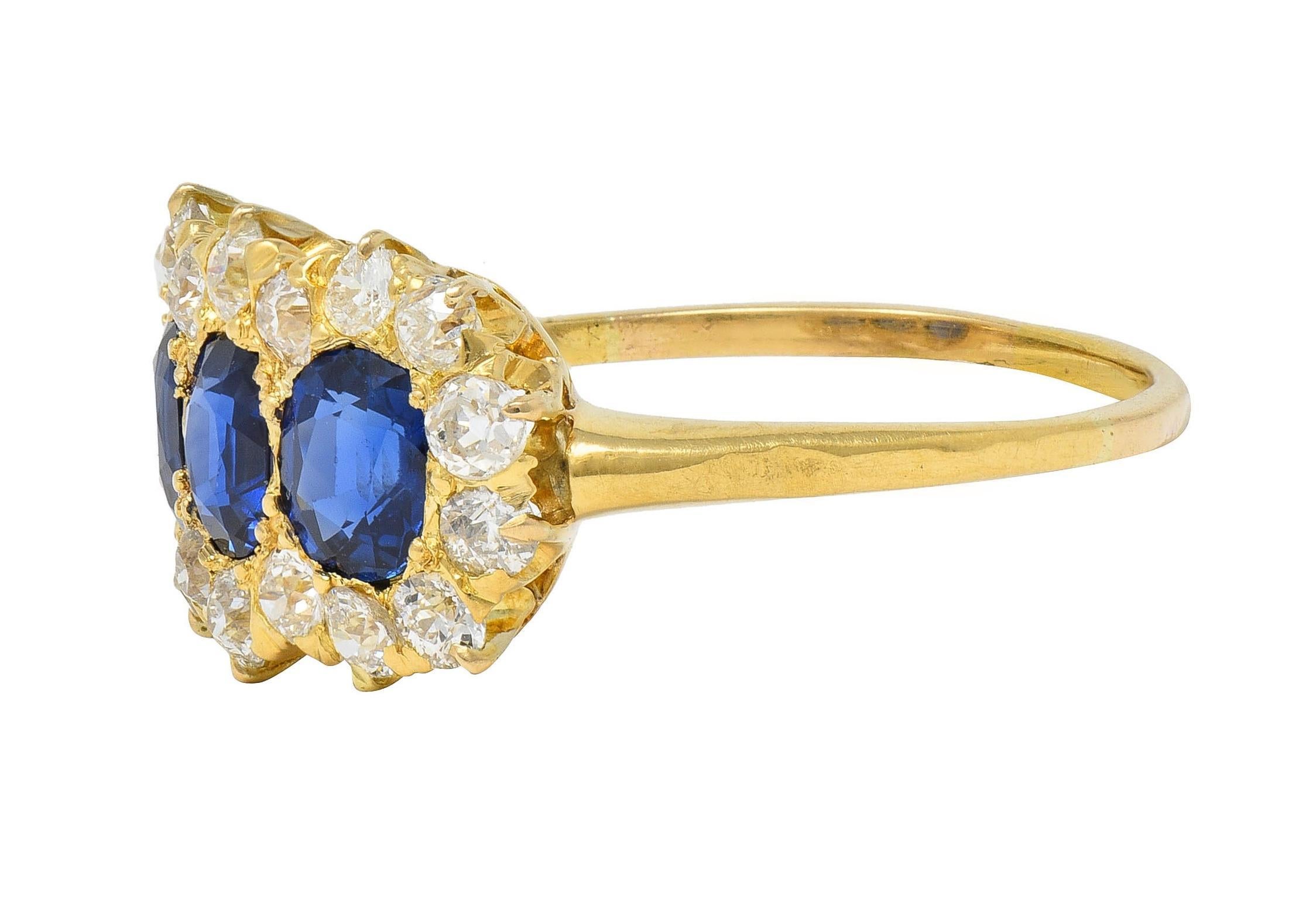 Women's or Men's Victorian 2.58 CTW Sapphire Diamond 18K Yellow Gold Antique Cluster Band Ring For Sale