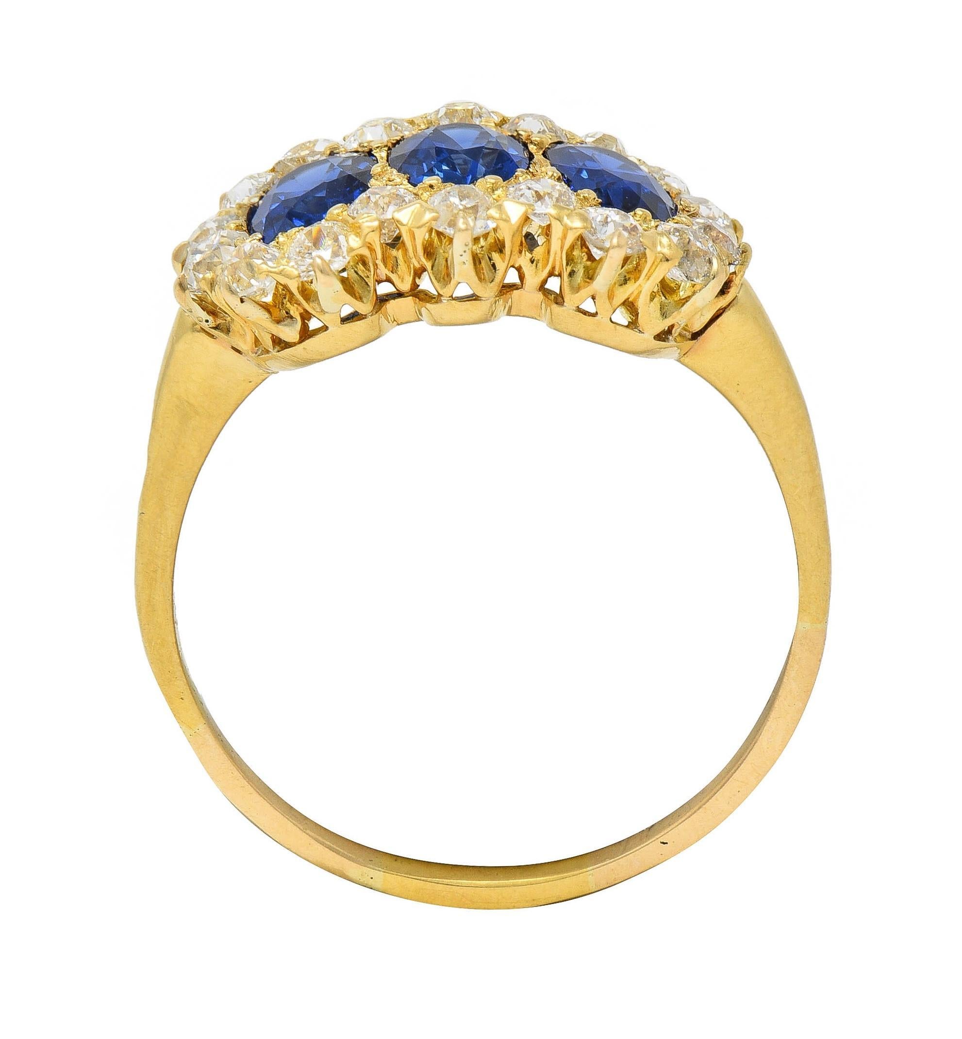 Victorian 2.58 CTW Sapphire Diamond 18K Yellow Gold Antique Cluster Band Ring For Sale 2