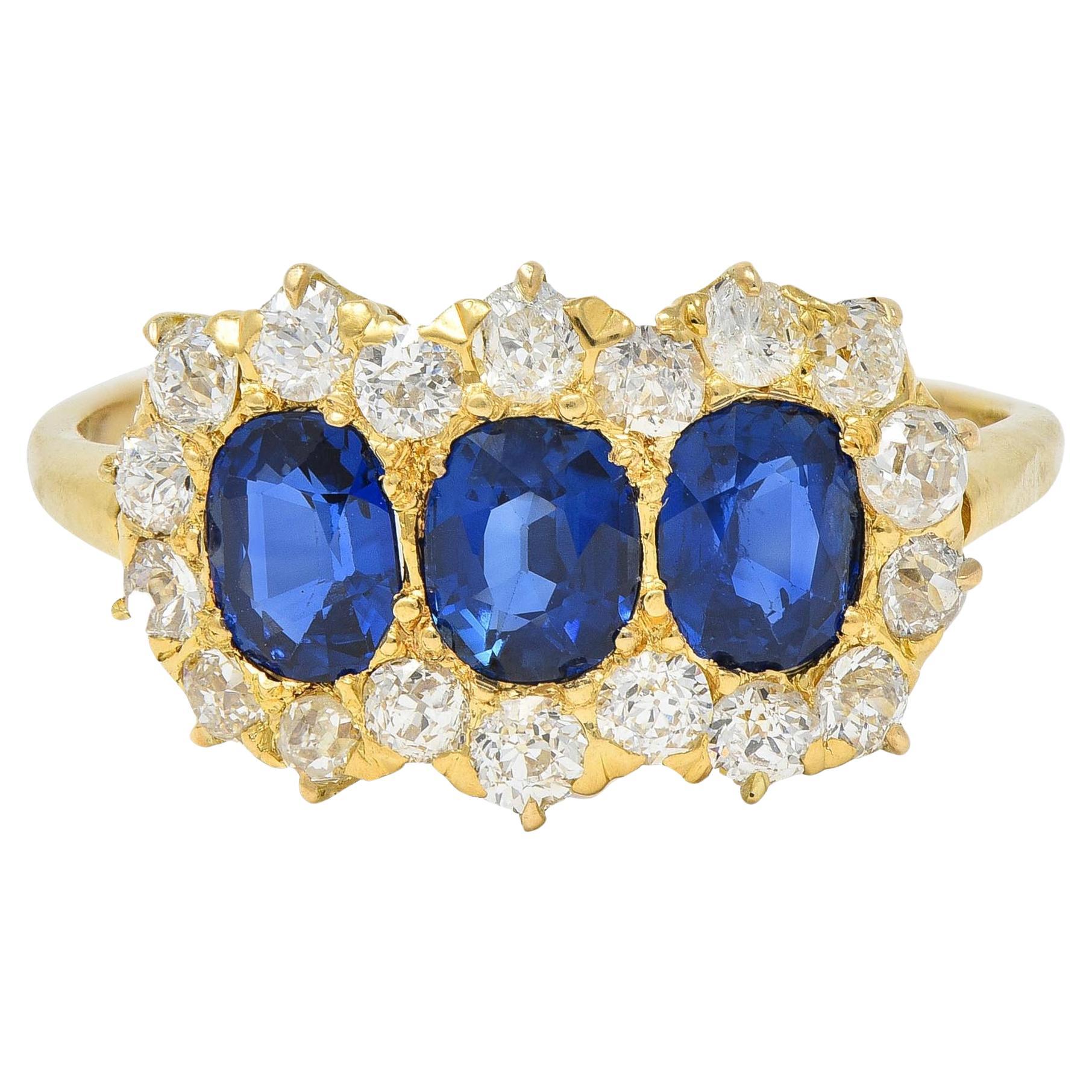 Victorian 2.58 CTW Sapphire Diamond 18K Yellow Gold Antique Cluster Band Ring For Sale