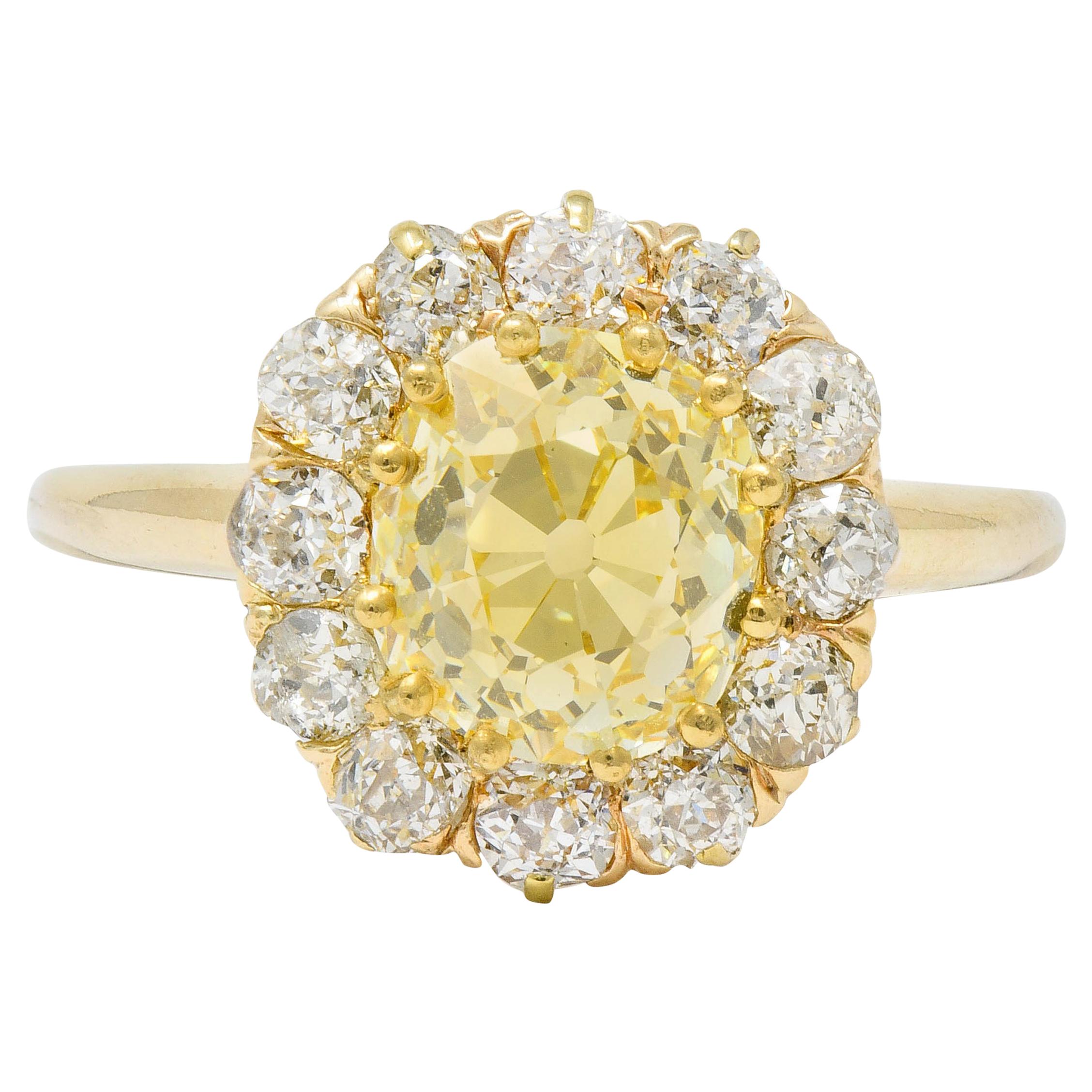 Victorian 2.59 Carat Fancy Yellow Diamond 14 Karat Gold Cluster Ring GIA