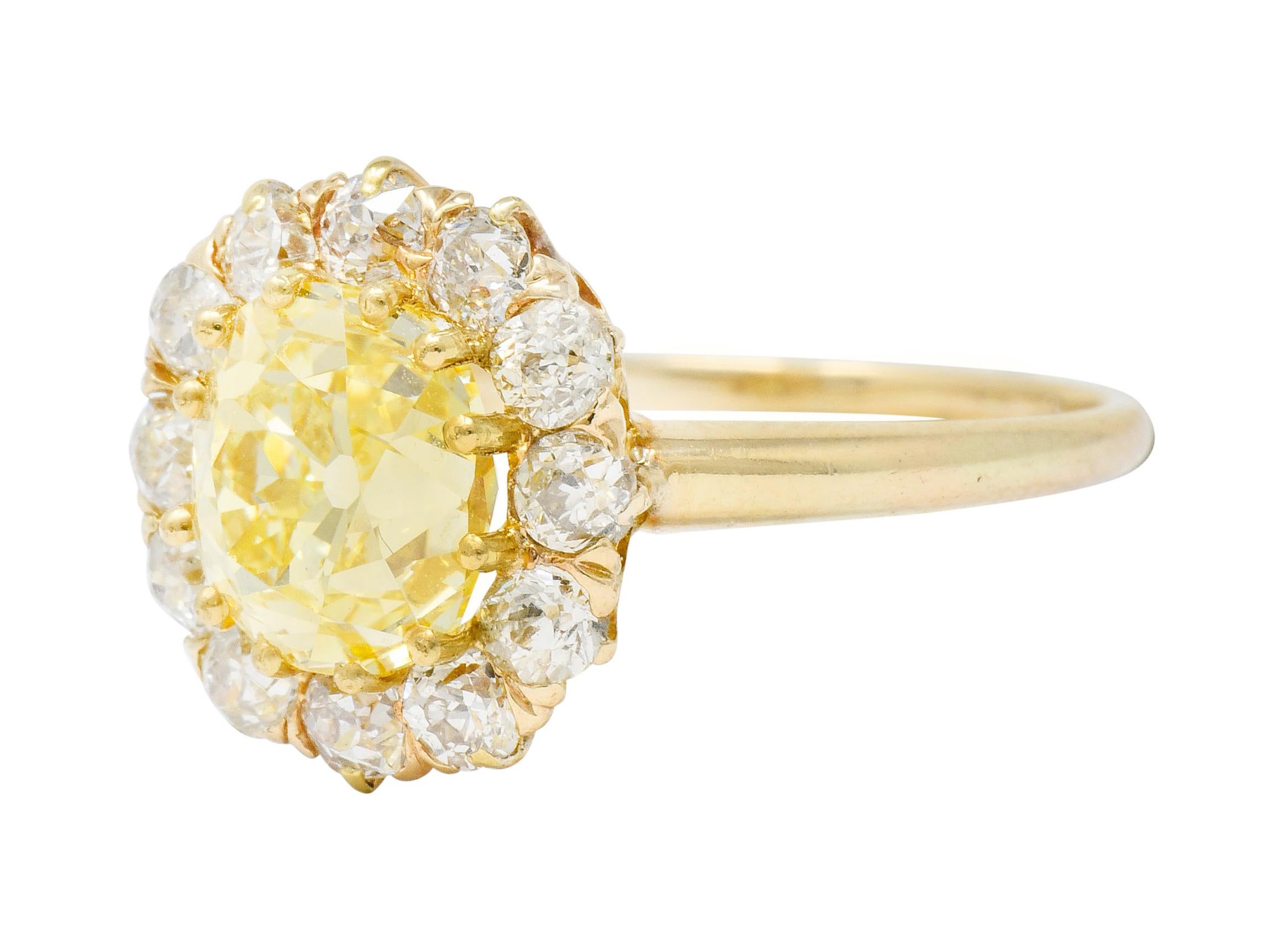 Victorian 2.59 Carat Fancy Yellow Diamond 14 Karat Gold Cluster Ring GIA 1