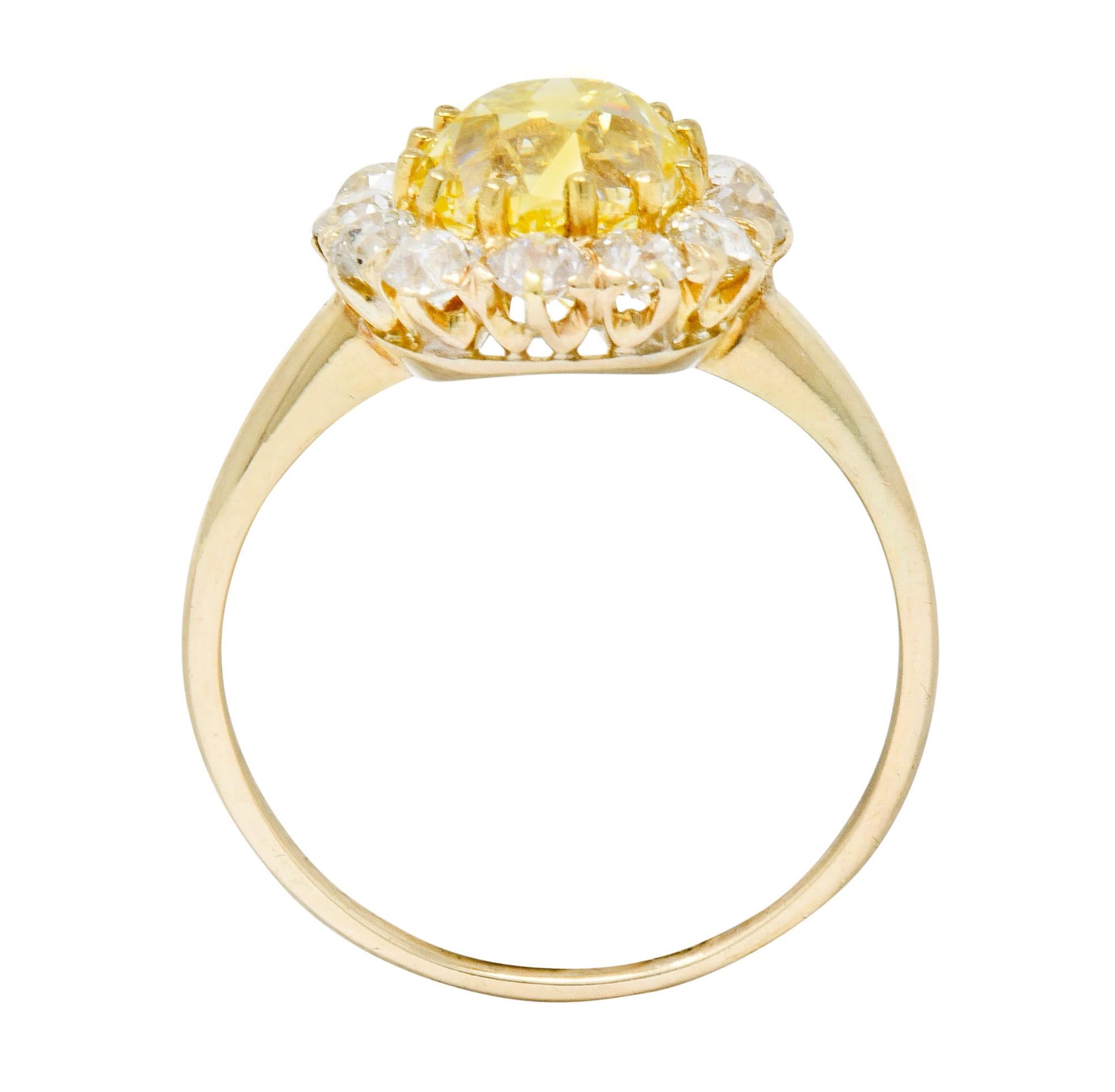 Victorian 2.59 Carat Fancy Yellow Diamond 14 Karat Gold Cluster Ring GIA 2