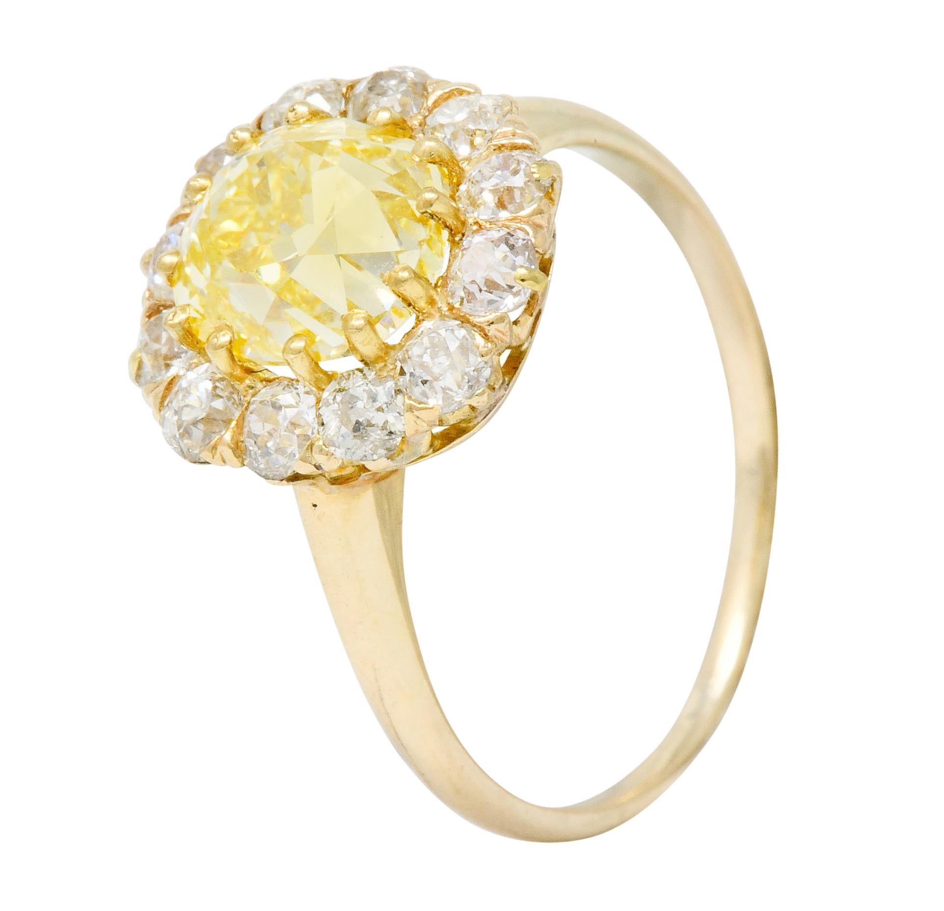 Victorian 2.59 Carat Fancy Yellow Diamond 14 Karat Gold Cluster Ring GIA 3