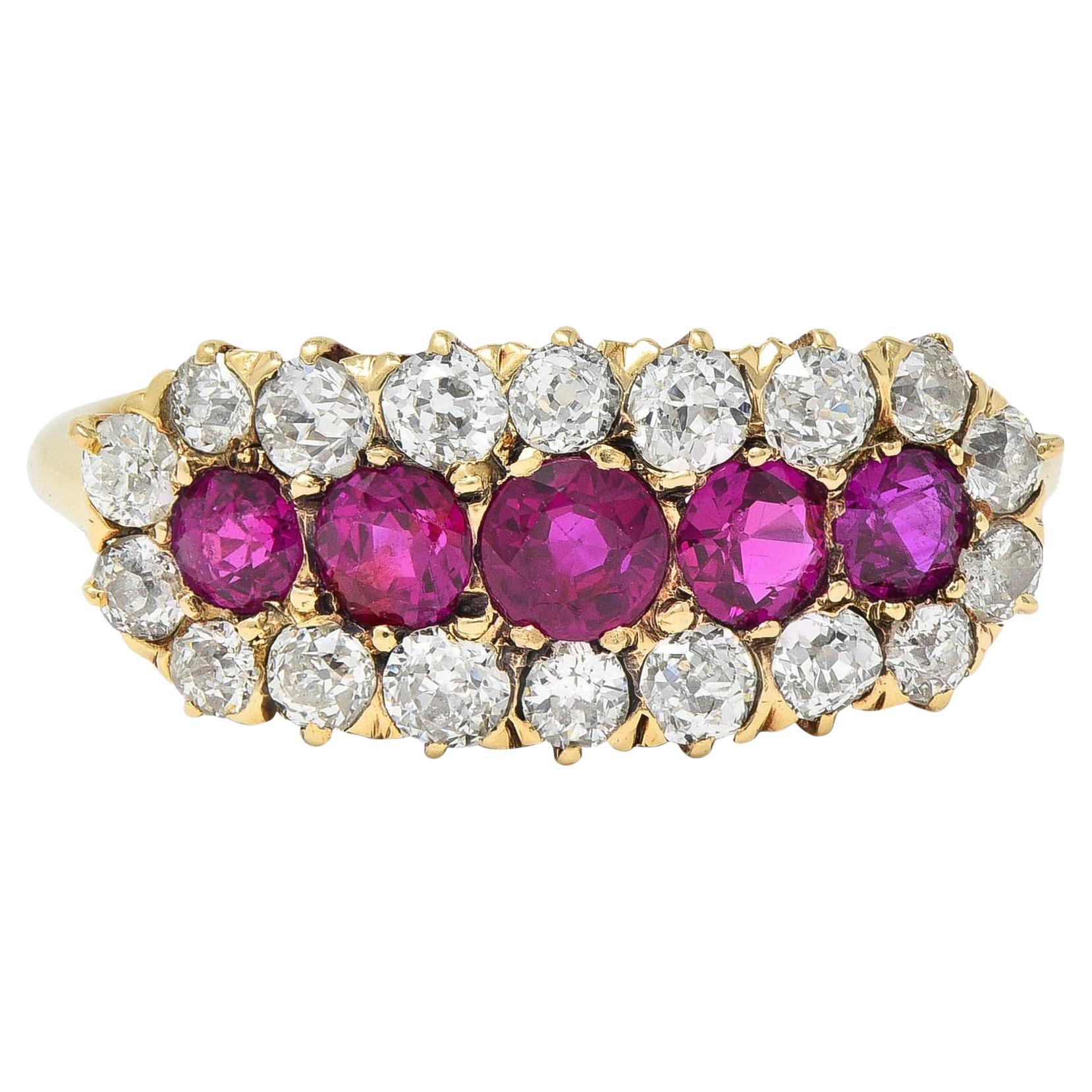 Victorian 2.59 CTW Ruby Diamond 14K Yellow Gold Antique Clustered Band Ring