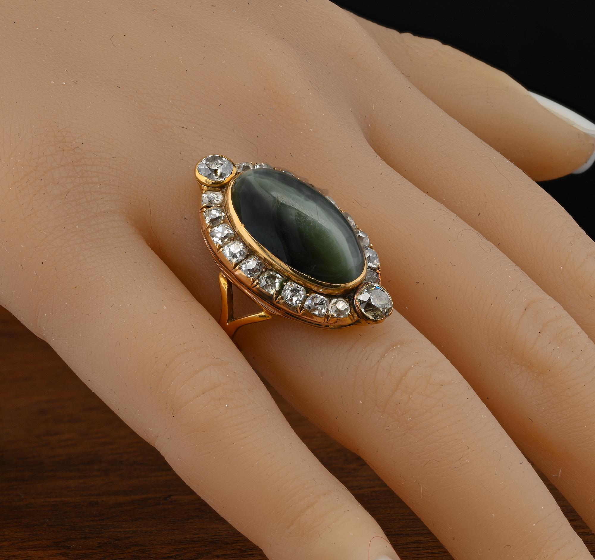 Victorian 25.90 Ct Chrysoberyl Cat's Eye 3.30 Diamond Rare ring For Sale 5
