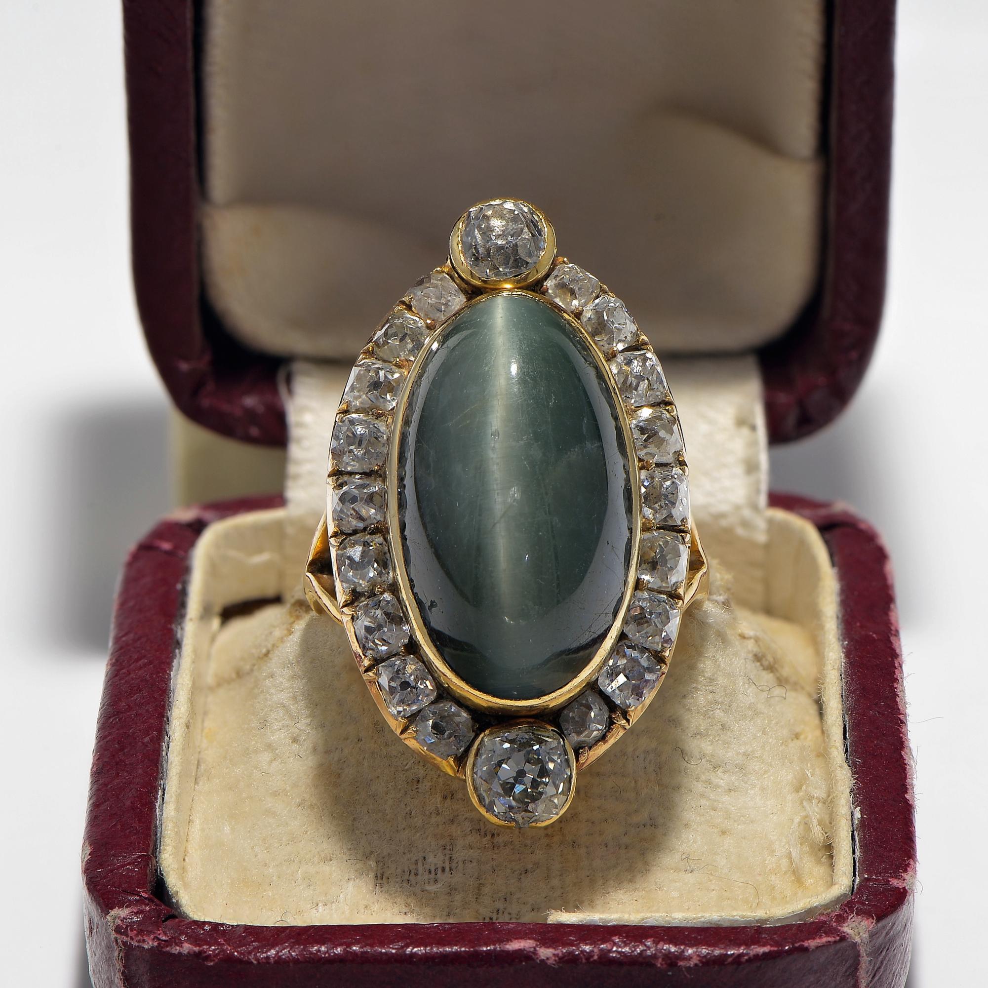 A wonder to behold
An exceptional and quite unique Victorian period statement ring hand crafted of solid 22 KT gold, marked, 1880 ca. shank later replacement
Chrysoberyl, one of the gemstone kingdom’s most phenomenal gems, has been prized for