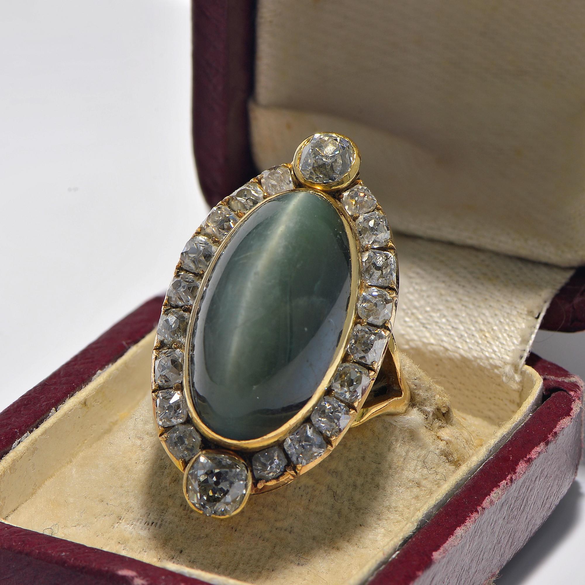 Women's Victorian 25.90 Ct Chrysoberyl Cat's Eye 3.30 Diamond Rare ring For Sale