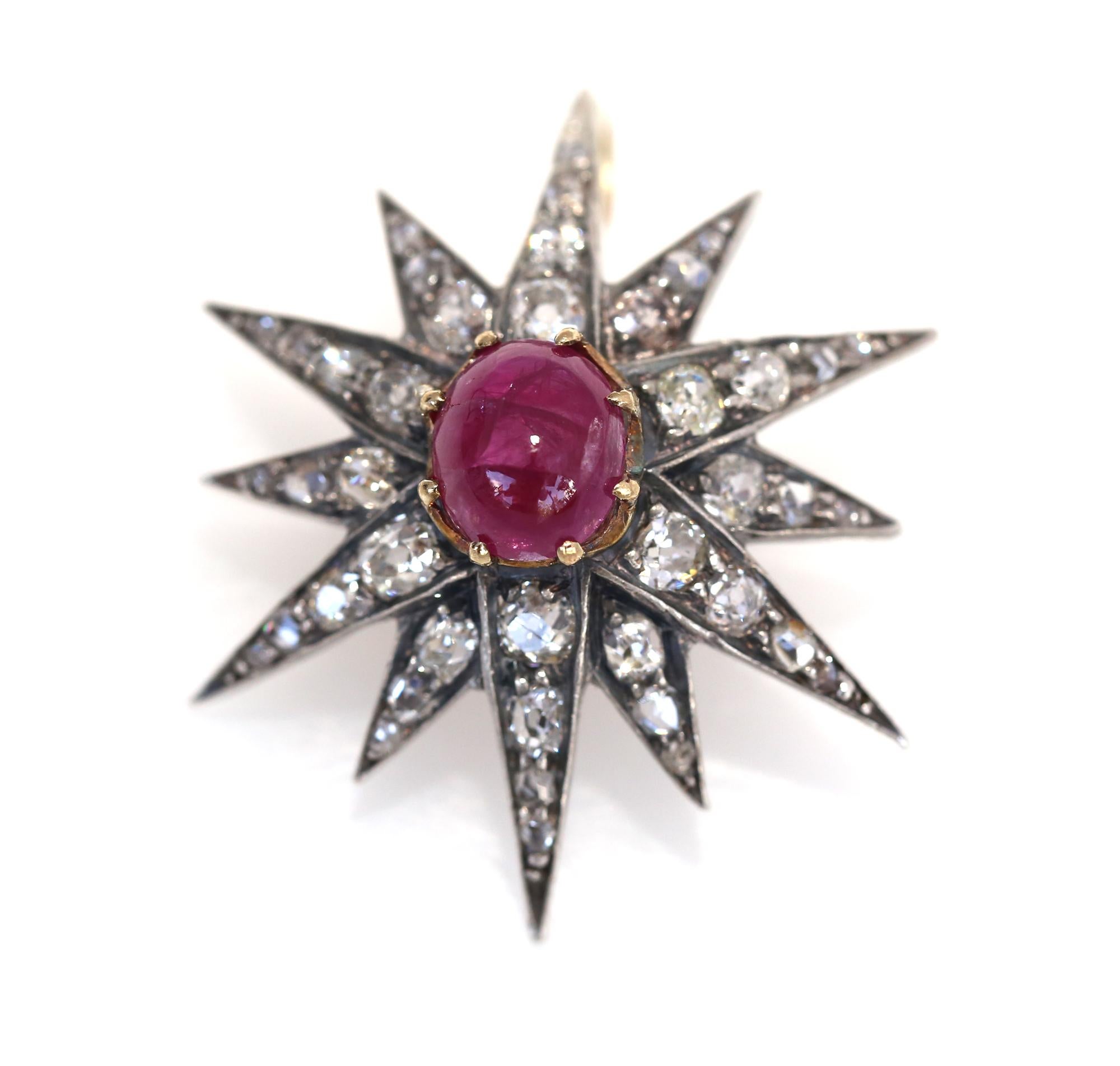 2.5Ct Cabochon Ruby with 1.5Ct  Diamonds brooch turns (transforms) into a pendant. Fine Victorian item.
The brooch has a form of a medal, a multi beam star with a fine Cabochon Ruby in the middle. It is hard to understand now the idea behind this