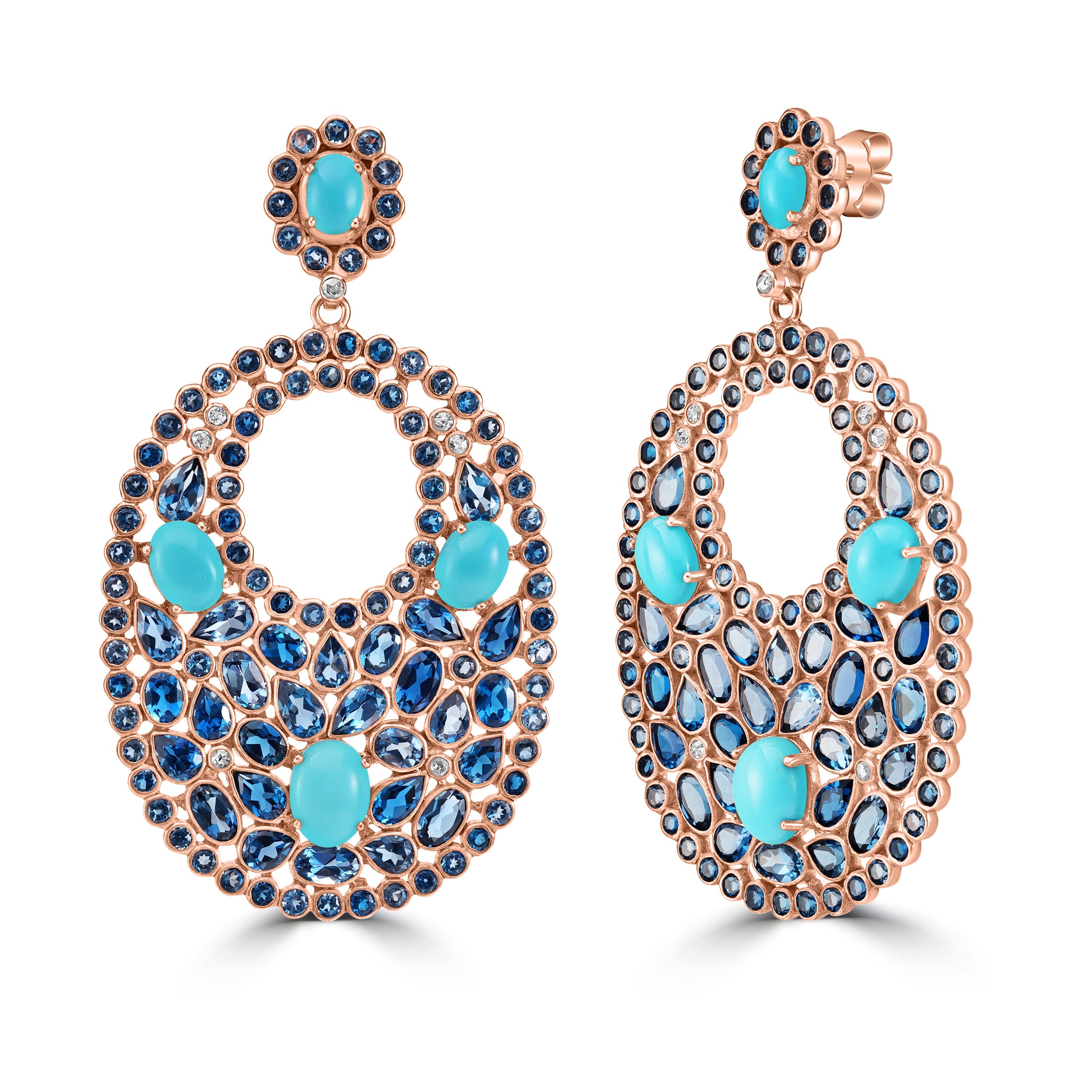  Victorian 26 Cttw. Diamond, London Blue Topaz and Turquoise Oval Cut Earring In New Condition In New York, NY