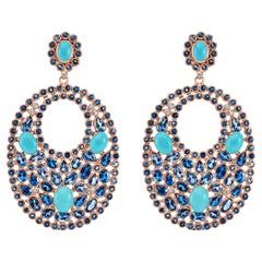  Victorian 26 Cttw. Diamond, London Blue Topaz and Turquoise Oval Cut Earring