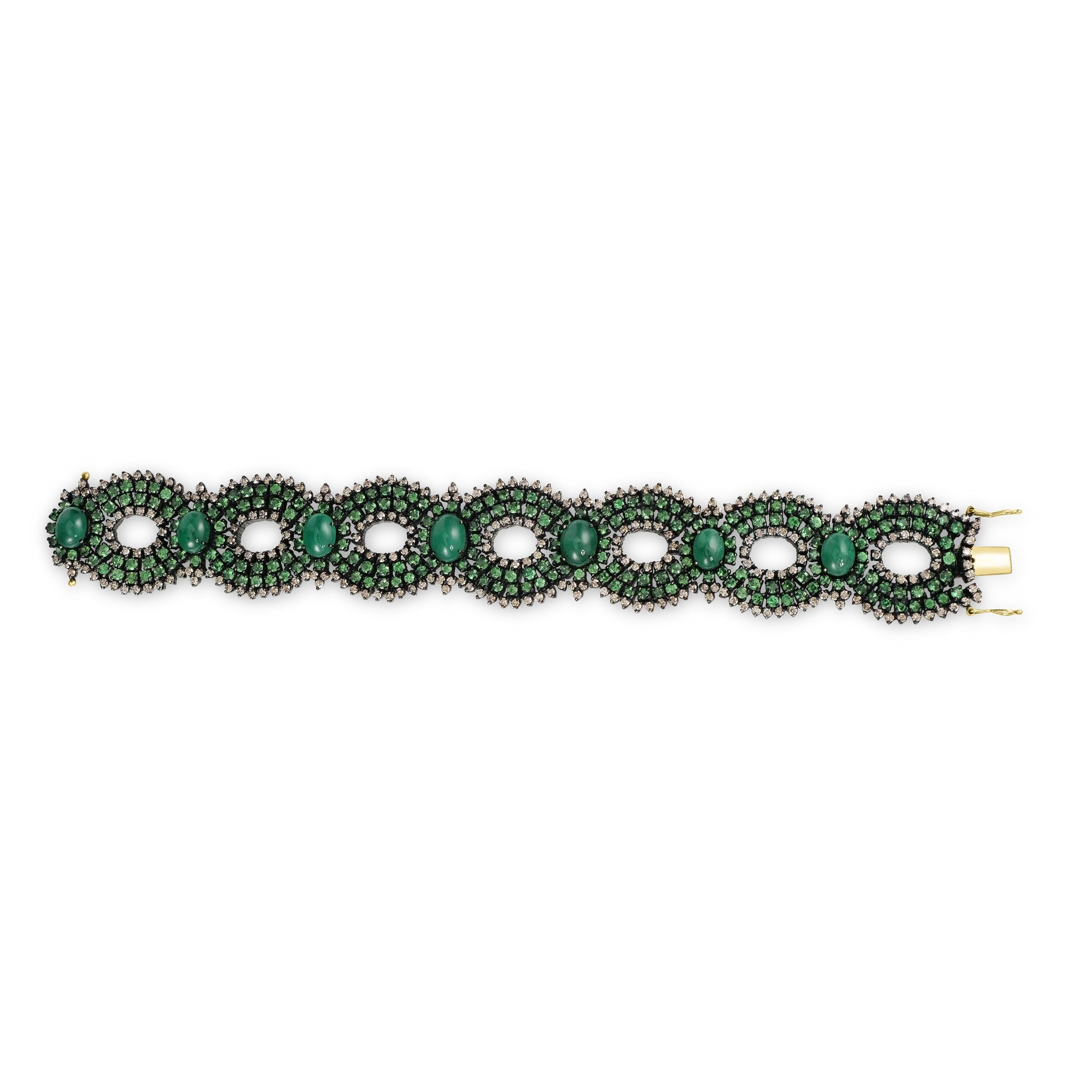 Round Cut Victorian 26 Cttw. Emerald, Tsavorite and Diamond Openwork Link Bracelet  For Sale