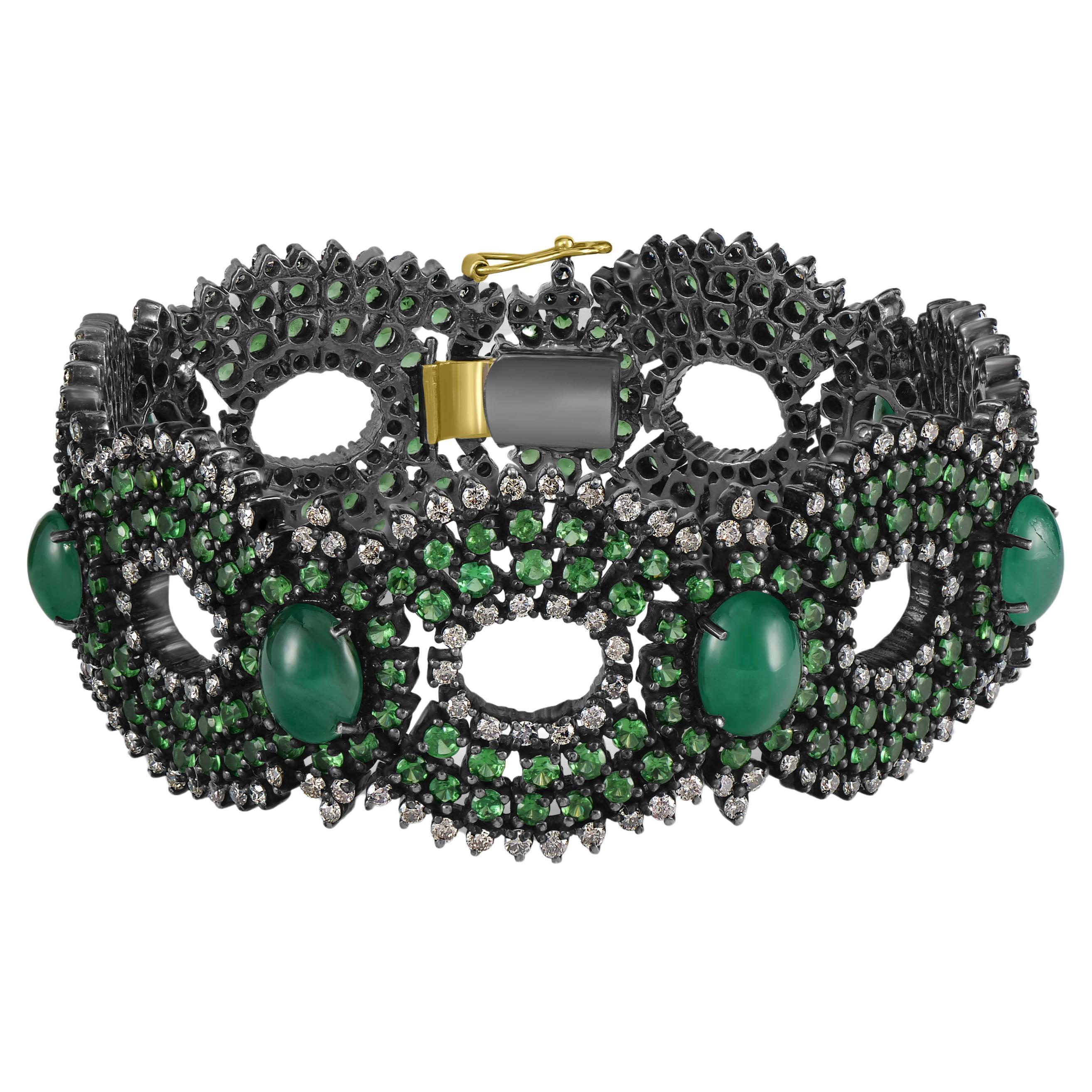 Viktorianisch 26 Cttw. Smaragd, Tsavorit und Diamant Durchbrochenes A Link Armband  im Angebot