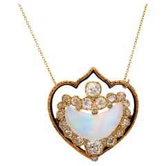 Victorian 2.60 carat crescent opal diamond 18k yellow gold enamel necklace