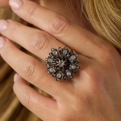 Victorian 2.60 carat diamond 18k yellow gold silver flower ring
