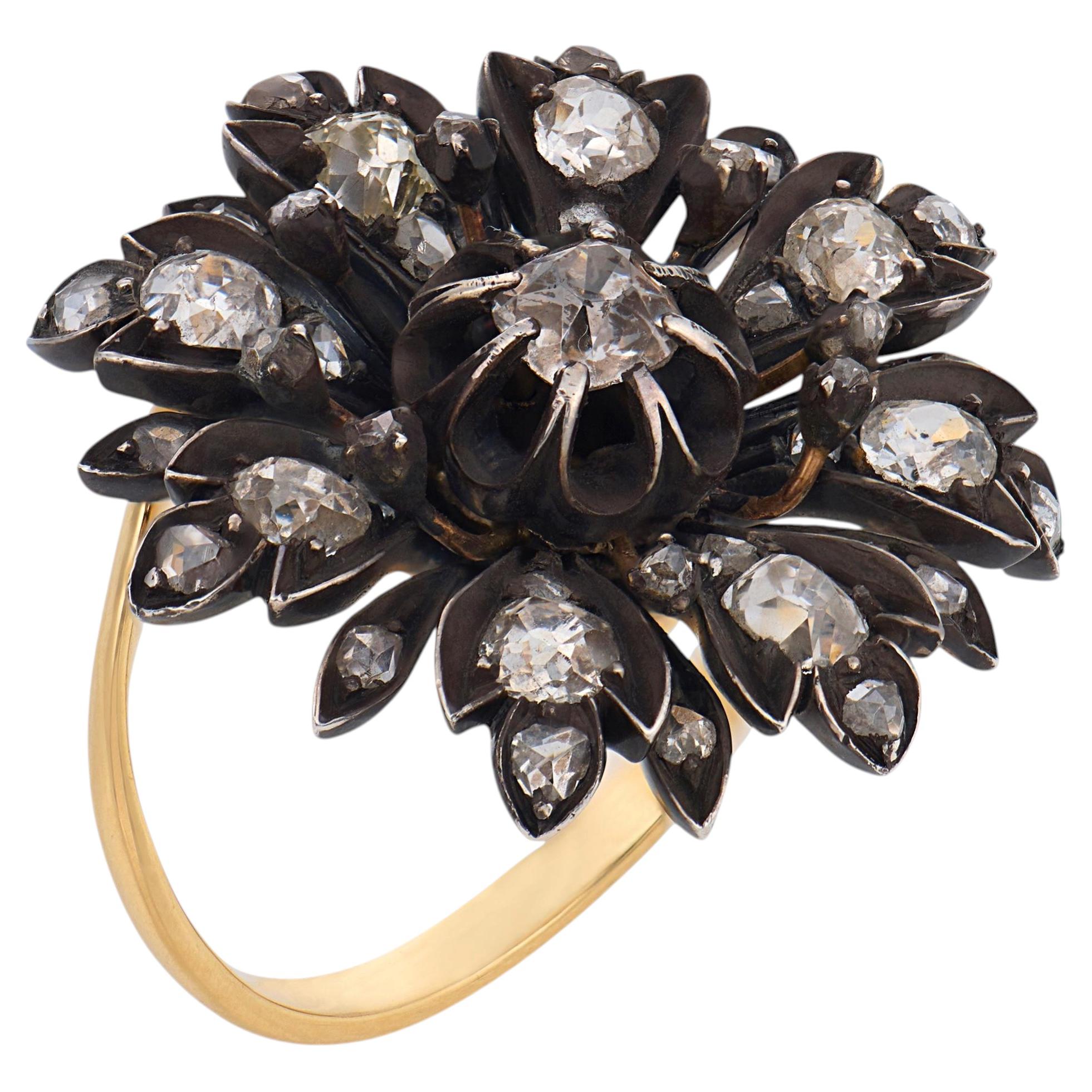 Victorian 2.60 carat diamond 18k yellow gold silver flower ring
