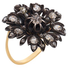 Victorian 2.60 carat diamond 18k yellow gold silver flower ring
