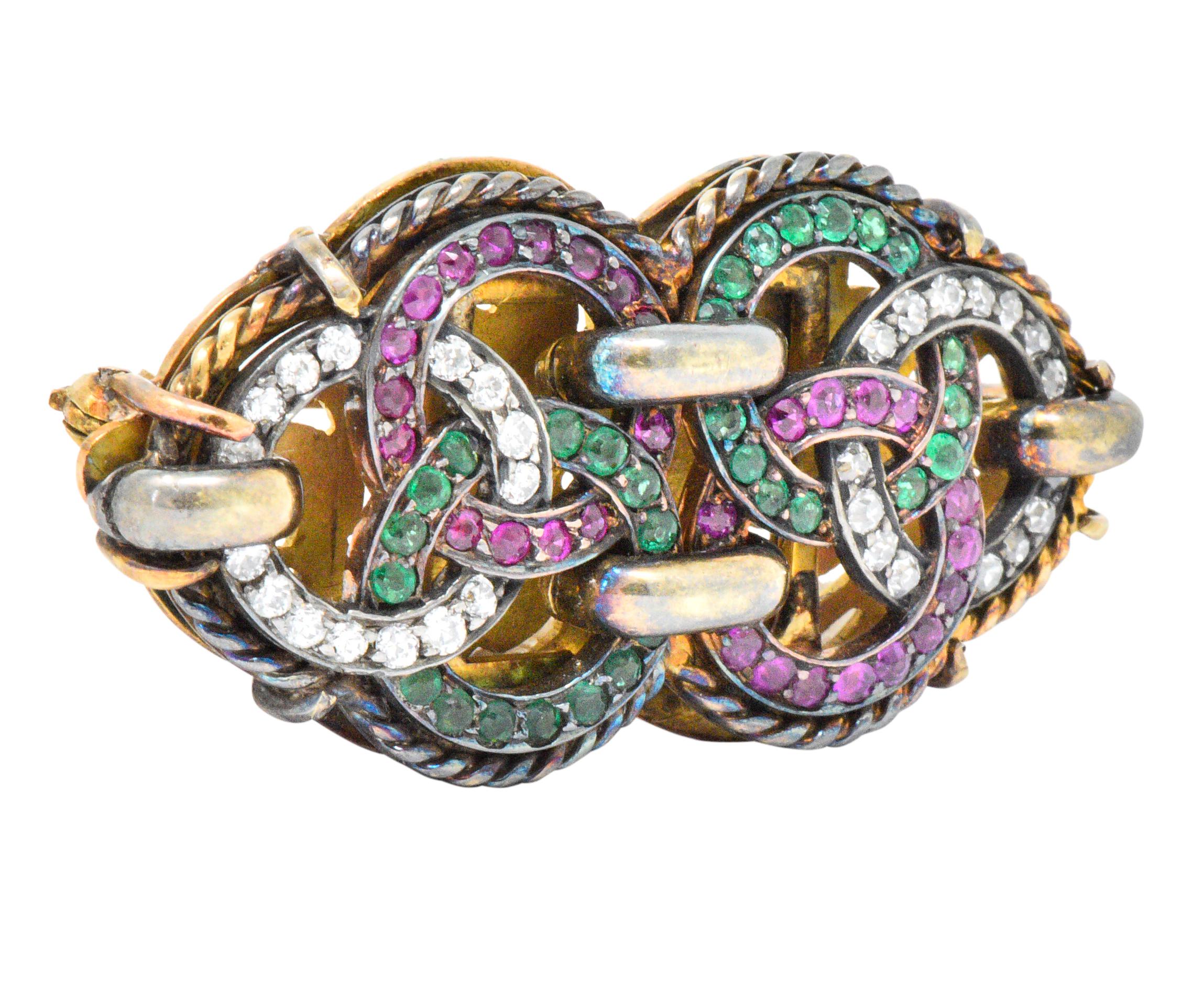 Victorian 2.60 Carat Diamond Ruby Emerald Silver 18 Karat Gold Brooch In Excellent Condition In Philadelphia, PA