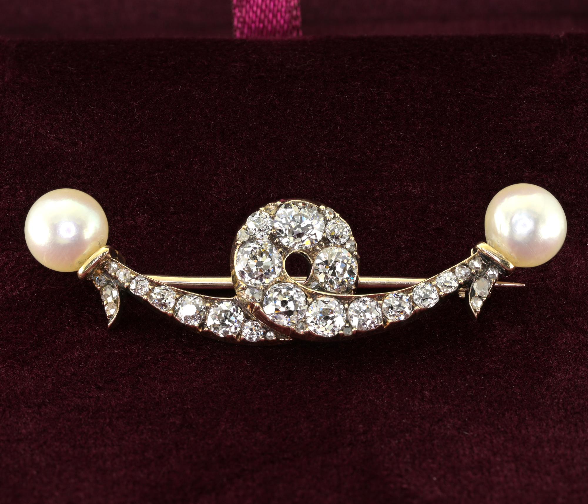 This beautiful Victorian Brooch is 1890 ca
Exquisitely hand crafted during the time of solid 18 KT gold
Timeless and elegant bow design loaded by antique cut Diamonds and natural pearls
Diamonds are old mine cut and littler rose cut to complement