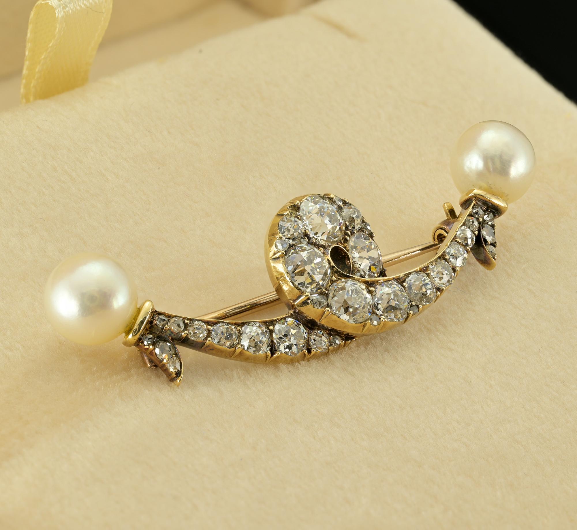 Old Mine Cut Victorian 2.60 Ct Diamond Natural Pearl Bow Brooch 18 KT For Sale