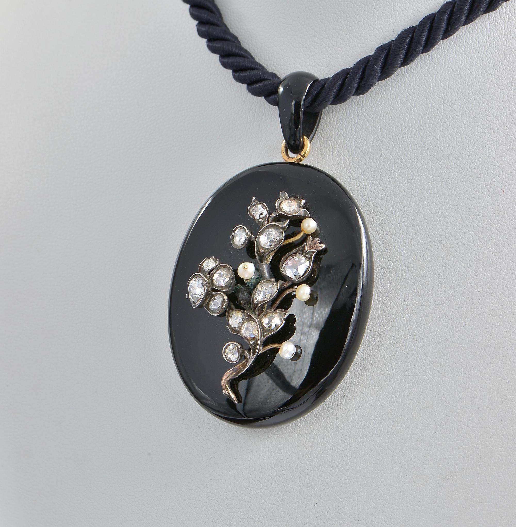 Old Mine Cut Victorian 2.60 Ct Old Diamond Pearl Forget Me Not Onyx 18 KT Necklace For Sale