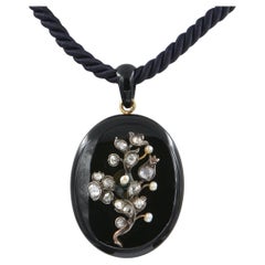 Antique Victorian 2.60 Ct Old Diamond Pearl Forget Me Not Onyx 18 KT Necklace