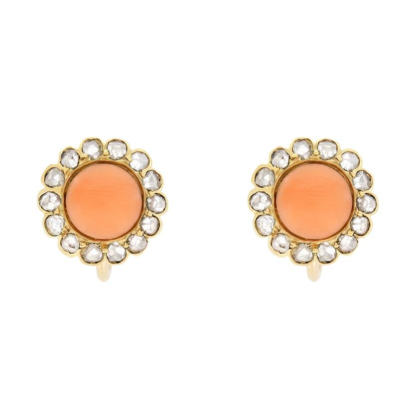 Victorian 2.60ct Coral and Diamond Earrings, c.1880s In Good Condition For Sale In London, GB