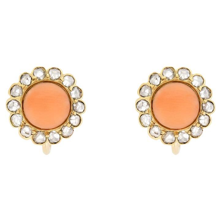 Victorian 2.60ct Coral and Diamond Earrings, c.1880s For Sale